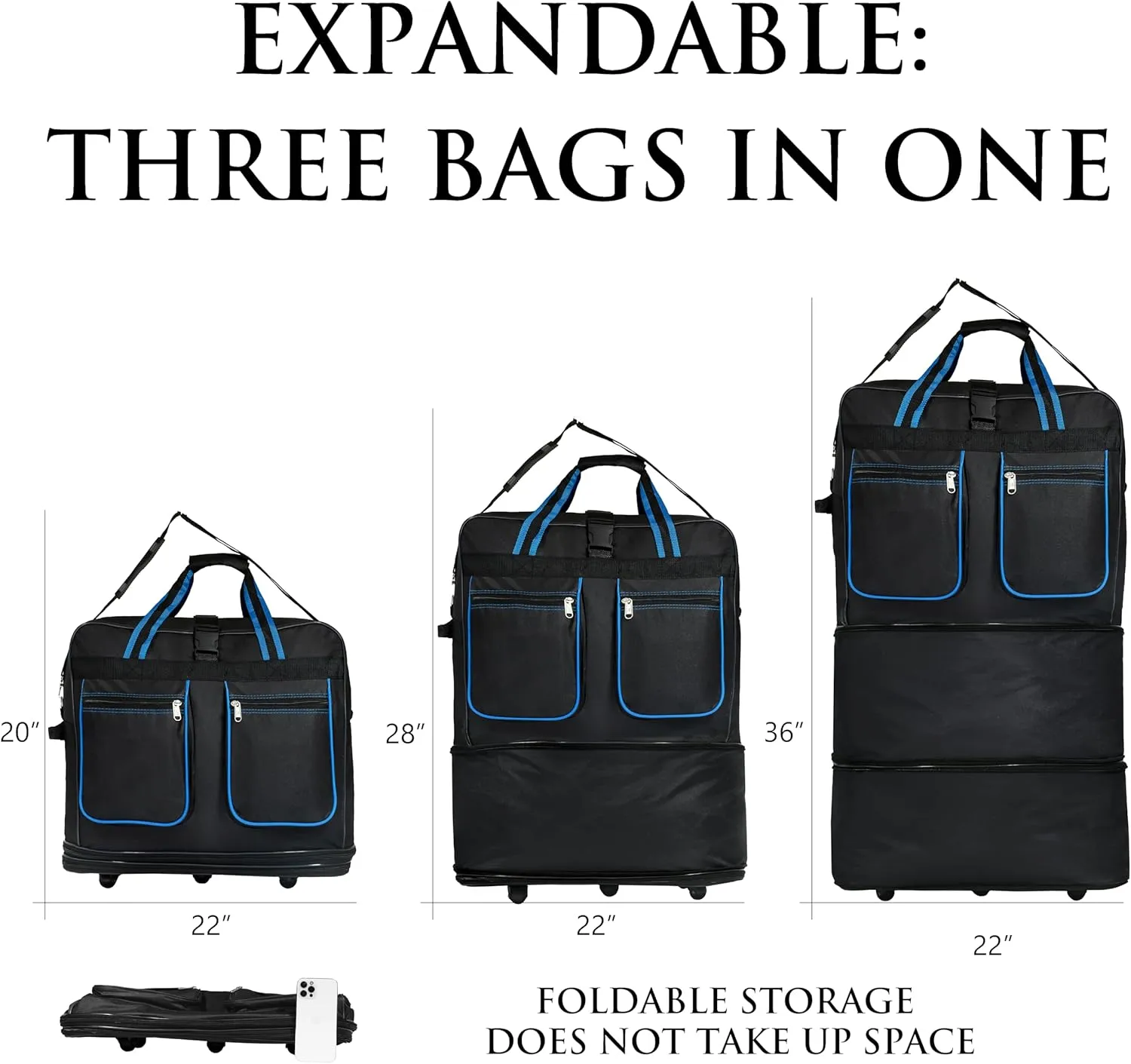(Pack of 2) 36"" Duffle Bag Expandable Rolling Lightweight Wheeled Spinner Suitcase Luggage for Travel and Storage, Blue with Trim, Wheelbag36