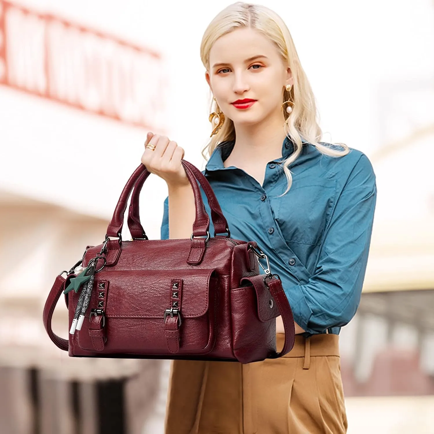 PORRASSO Retro Handbag Women Crossbody Bag Ladies Shoulder Bag with Pendant Satchel