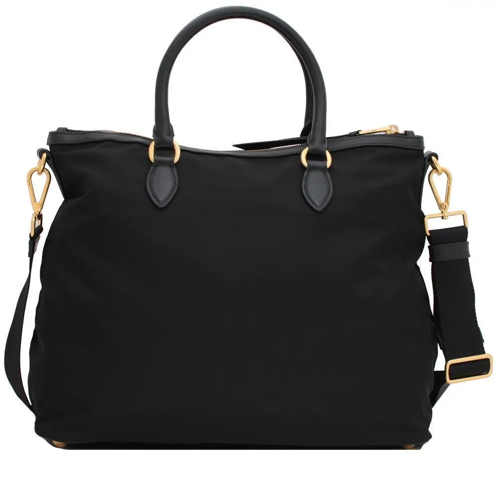 Prada Black Tessuto Nylon Calf Leather Trim Satchel Tote Bag 1BC060