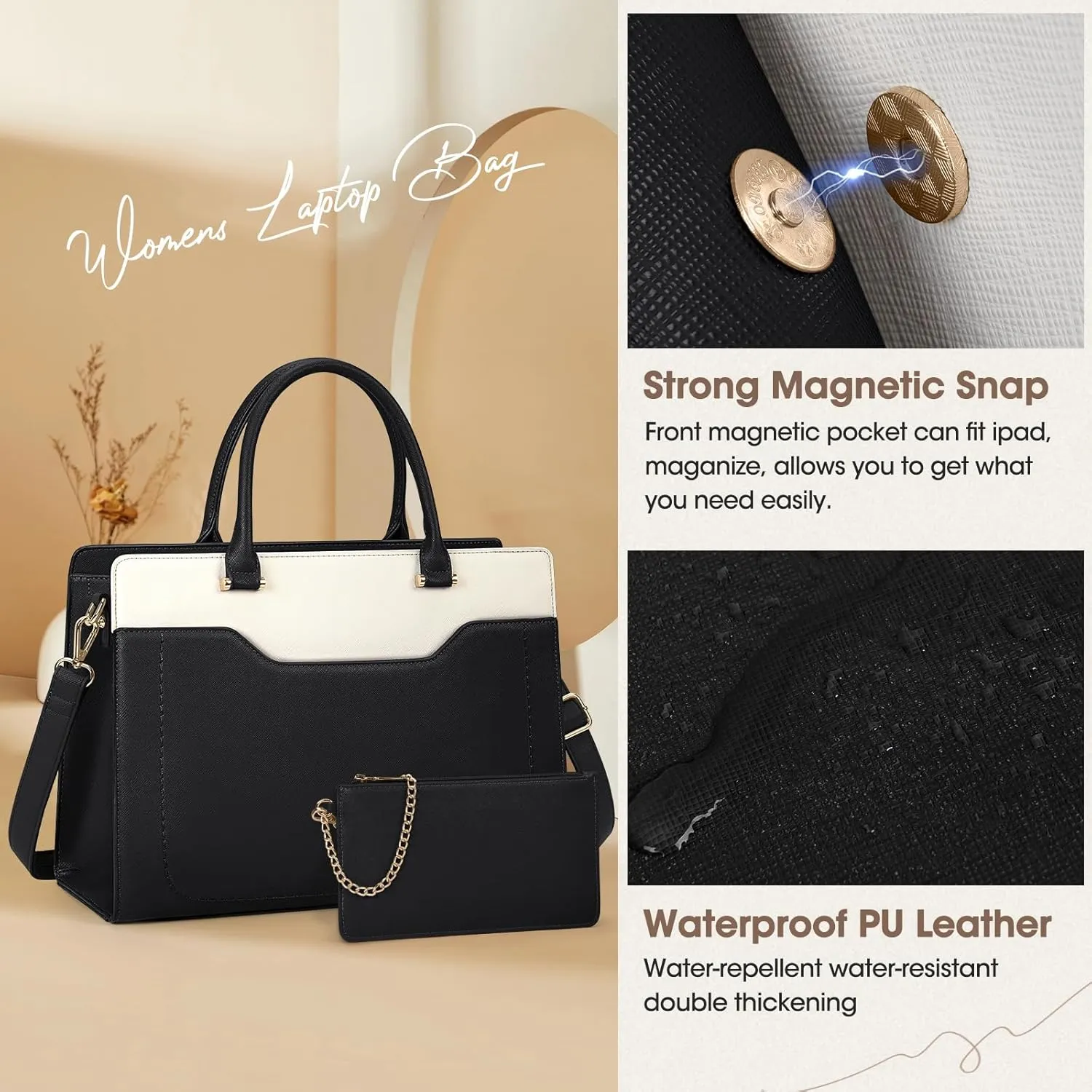 RAINSMORE Laptop Bag for Women 15.6 Inch Laptop Tote Bag Waterproof Leather Work Bags Professional Computer Briefcase Large Capacity Handbag for Business Teacher Office, Black and White