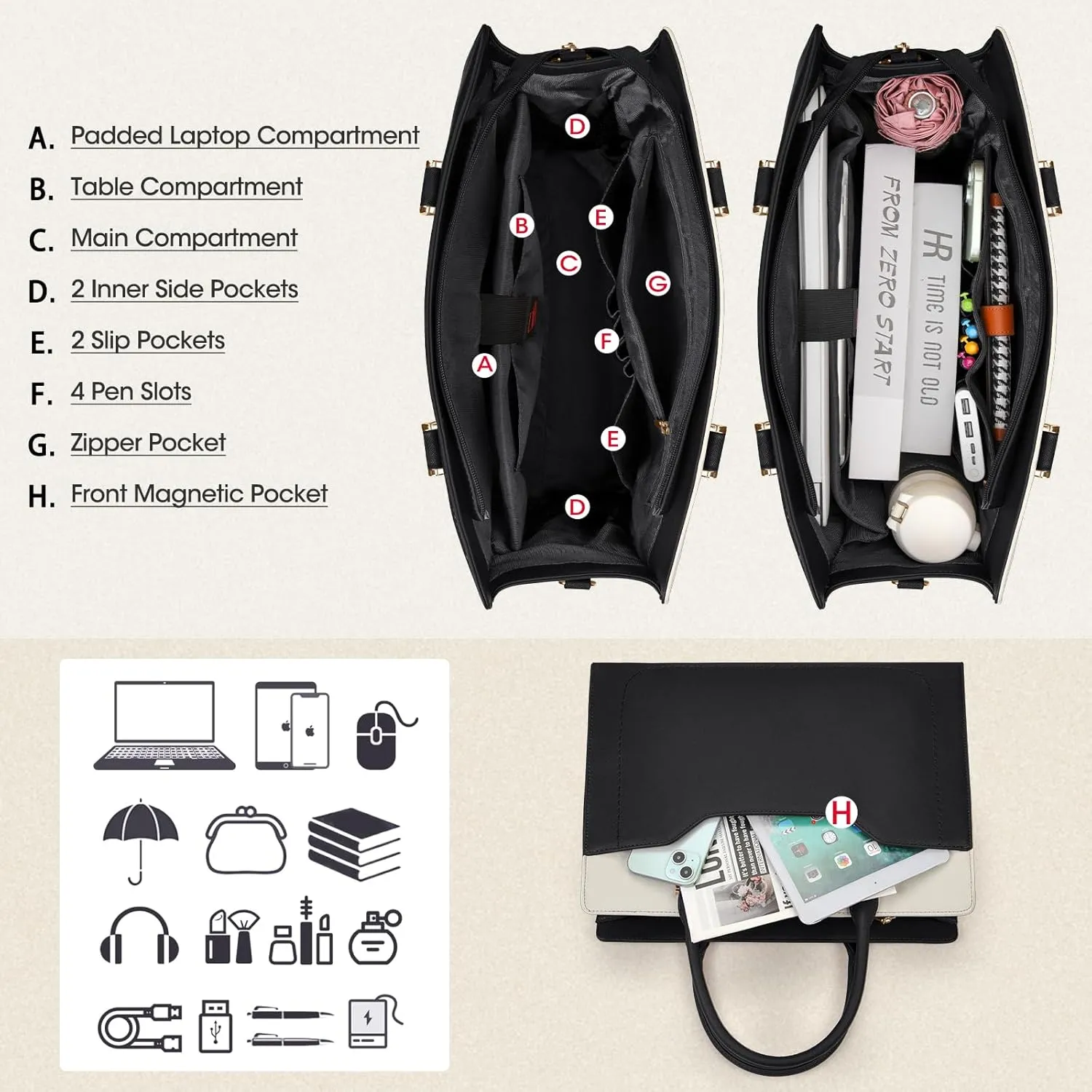 RAINSMORE Laptop Bag for Women 15.6 Inch Laptop Tote Bag Waterproof Leather Work Bags Professional Computer Briefcase Large Capacity Handbag for Business Teacher Office, Black and White