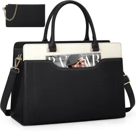 RAINSMORE Laptop Bag for Women 15.6 Inch Laptop Tote Bag Waterproof Leather Work Bags Professional Computer Briefcase Large Capacity Handbag for Business Teacher Office, Black and White