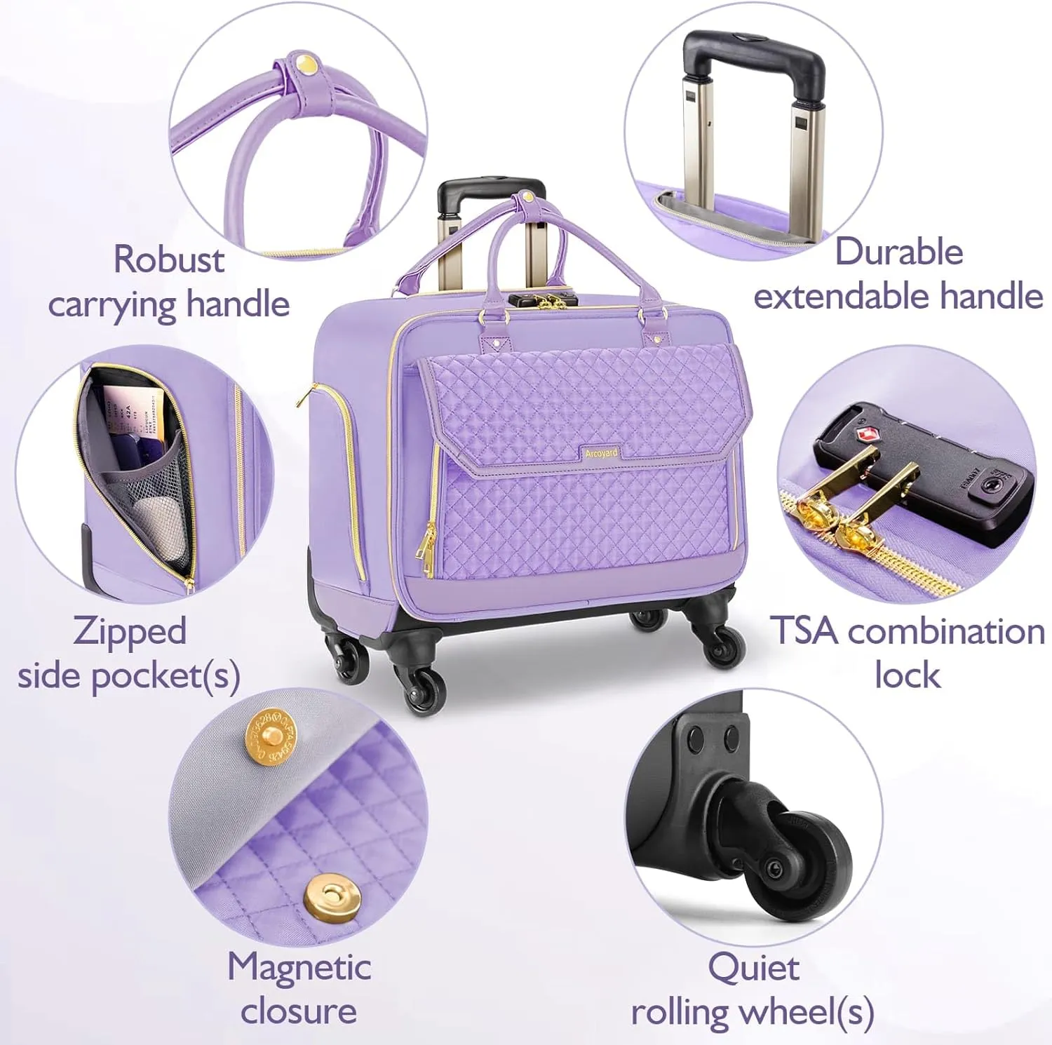 Rolling Teacher Bag, Briefcase for Women with 4 Spinner Wheels, Roller Laptop Bag for Work with Leather Handle, Womens Travel Carry On, TSA Friendly Design, Purple
