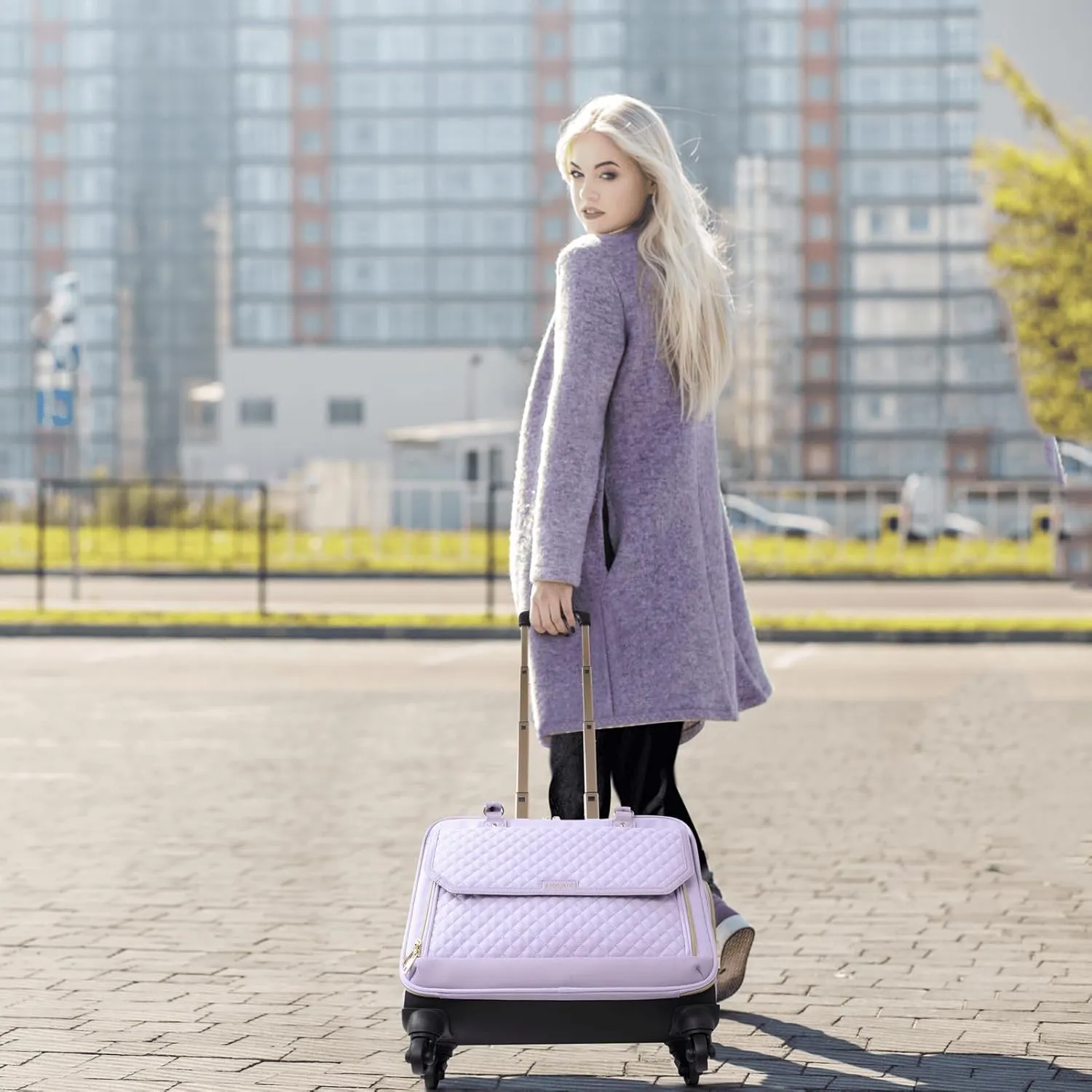 Rolling Teacher Bag, Briefcase for Women with 4 Spinner Wheels, Roller Laptop Bag for Work with Leather Handle, Womens Travel Carry On, TSA Friendly Design, Purple