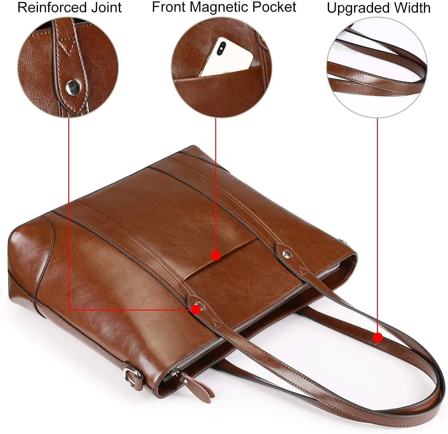 S-ZONE Leather Tote Bag for Women Office Shoulder Handbag 15.6 Inch Work Laptop Briefcase
