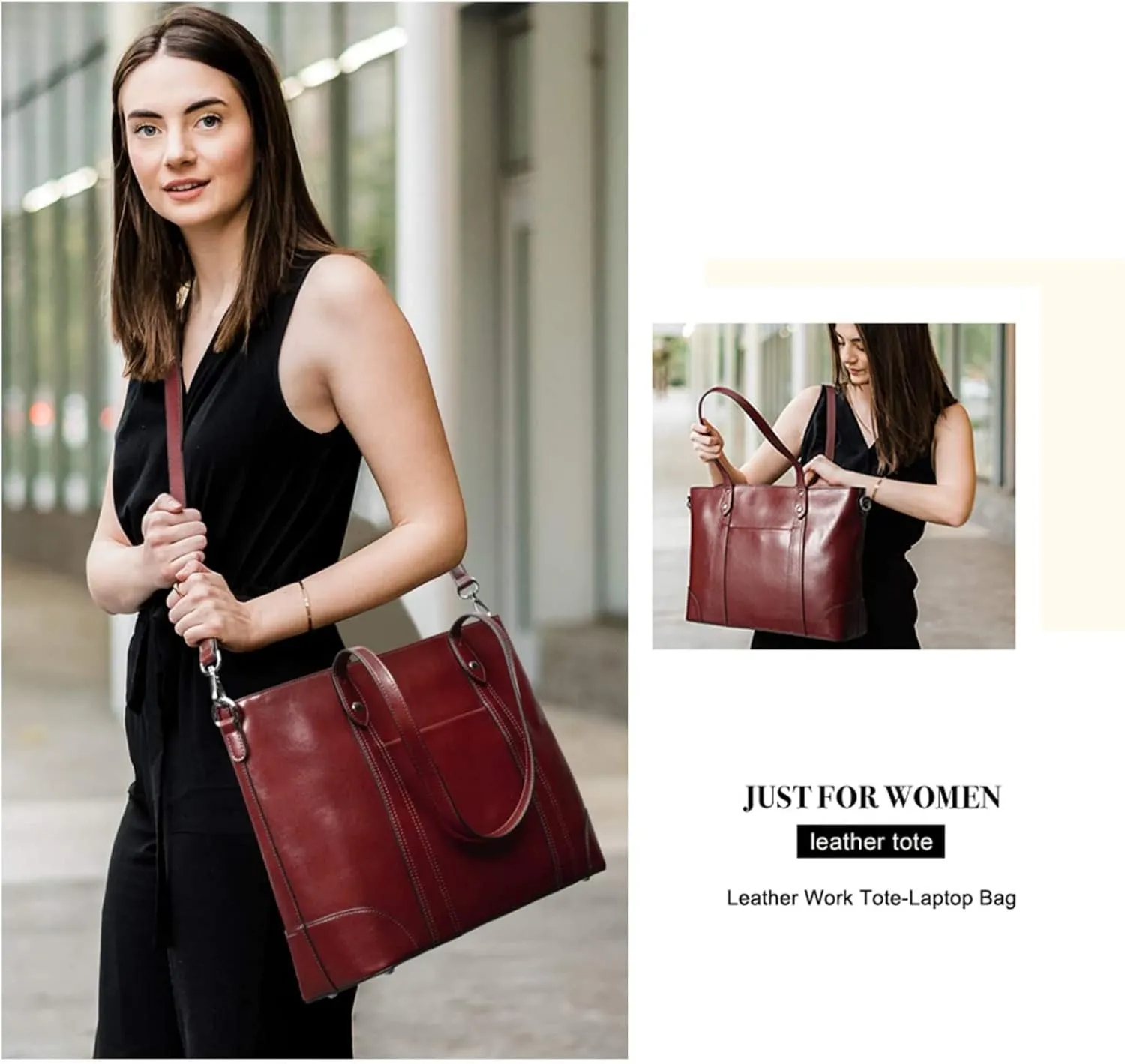 S-ZONE Leather Tote Bag for Women Office Shoulder Handbag 15.6 Inch Work Laptop Briefcase