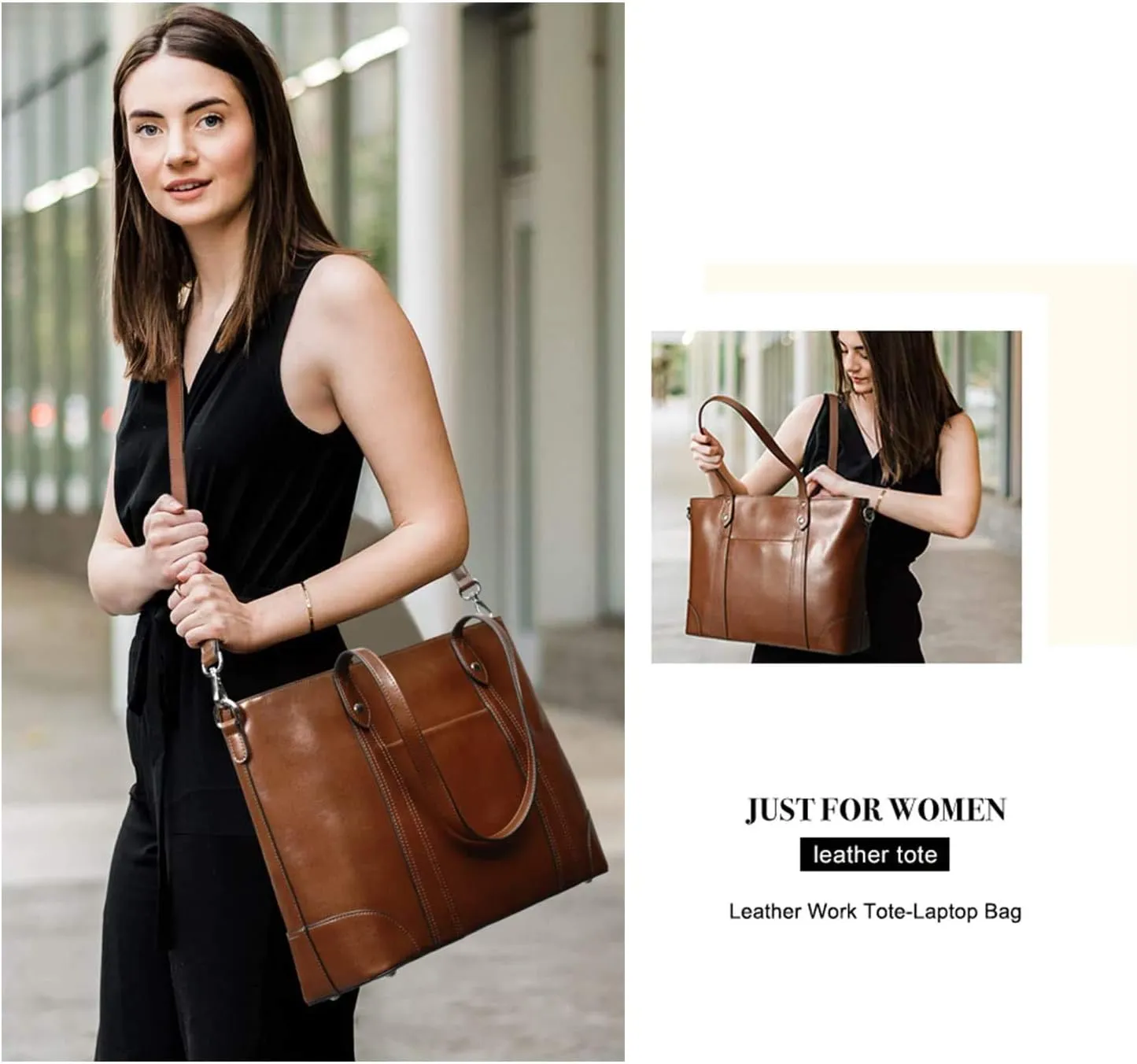 S-ZONE Leather Tote Bag for Women Office Shoulder Handbag 15.6 Inch Work Laptop Briefcase
