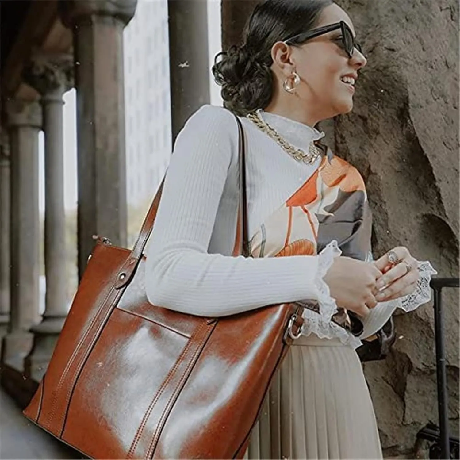 S-ZONE Leather Tote Bag for Women Office Shoulder Handbag 15.6 Inch Work Laptop Briefcase