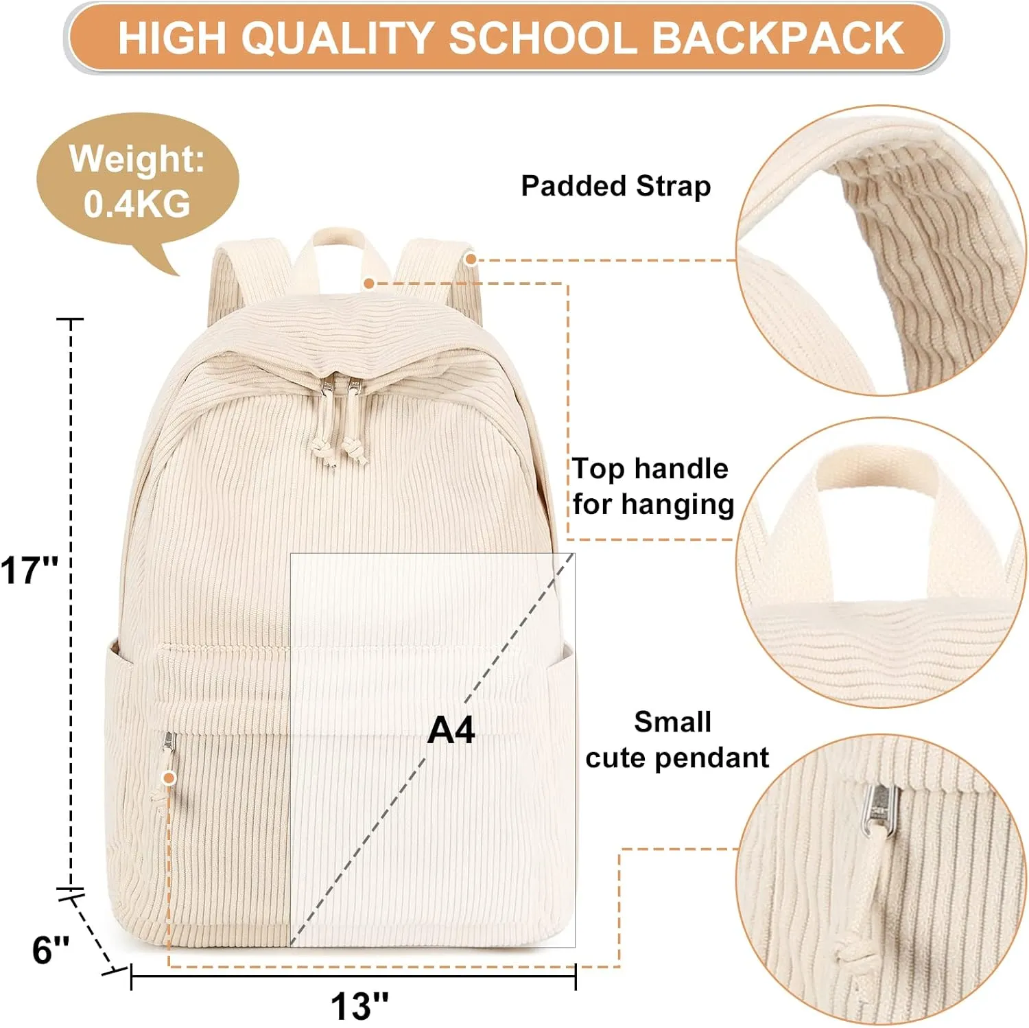 School Backpack for Teens Large Corduroy Bookbag Lightweight 17 inch Laptop Bag for Girls Women Casual High School College (Corduroy-Beige)