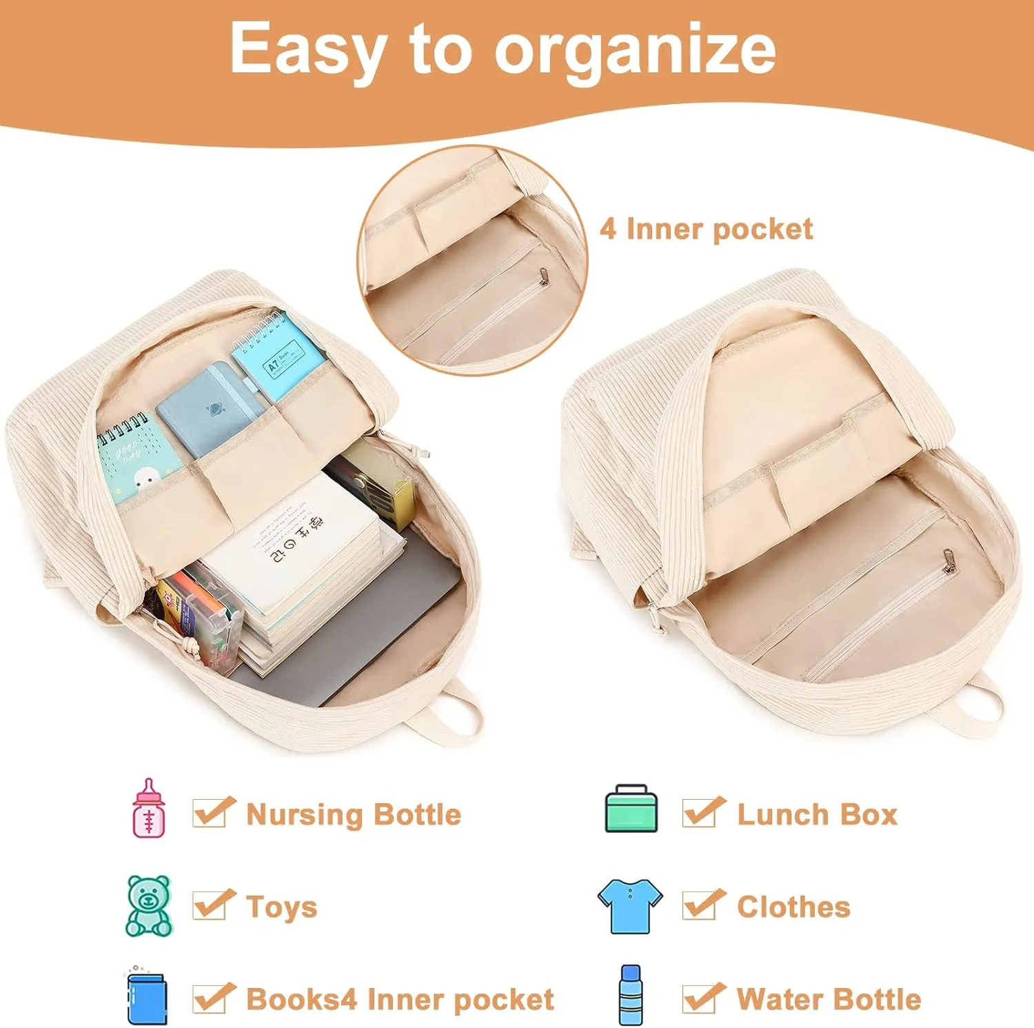 School Backpack for Teens Large Corduroy Bookbag Lightweight 17 inch Laptop Bag for Girls Women Casual High School College (Corduroy-Beige)