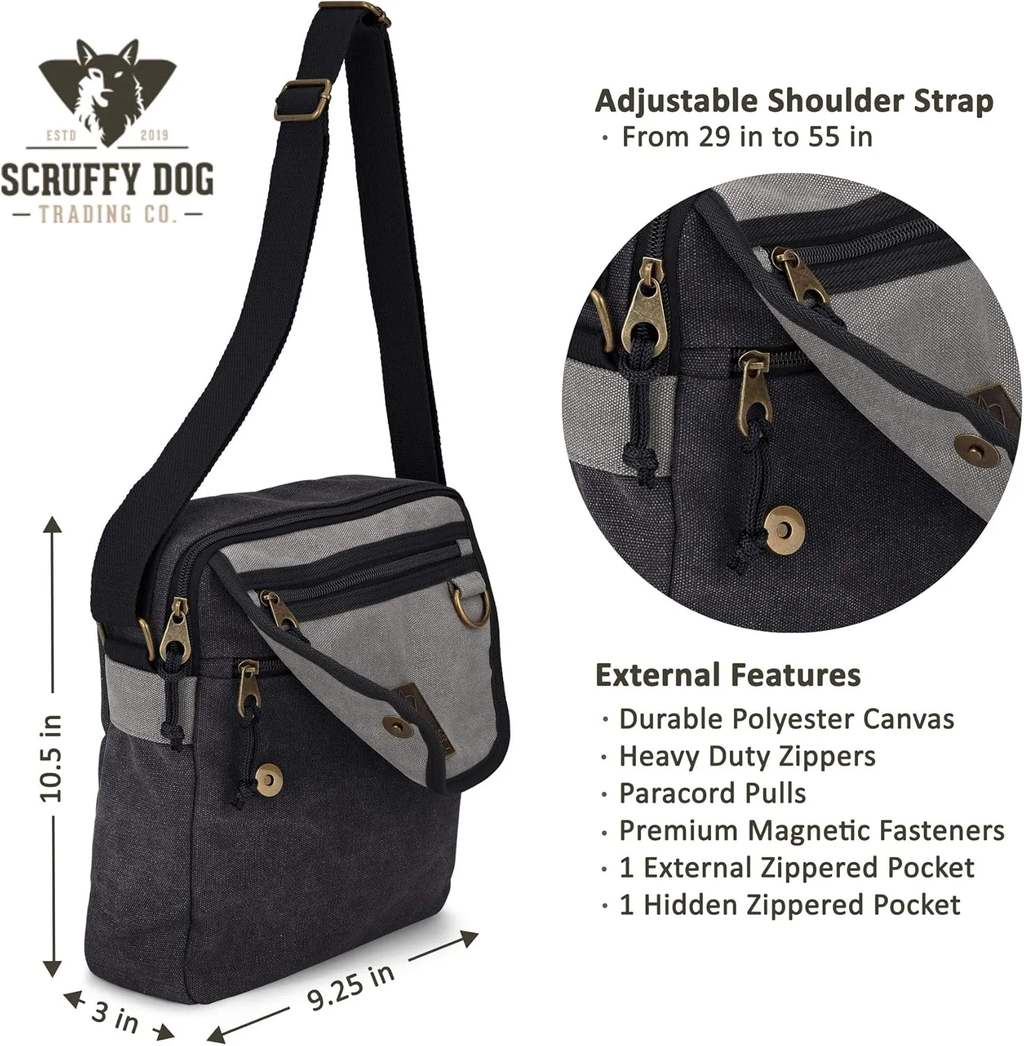 SCRUFFY DOG Crossbody Messenger Bag for Men and Women - Canvas Shoulder Bags with Adjustable Strap - Small - 11 inch