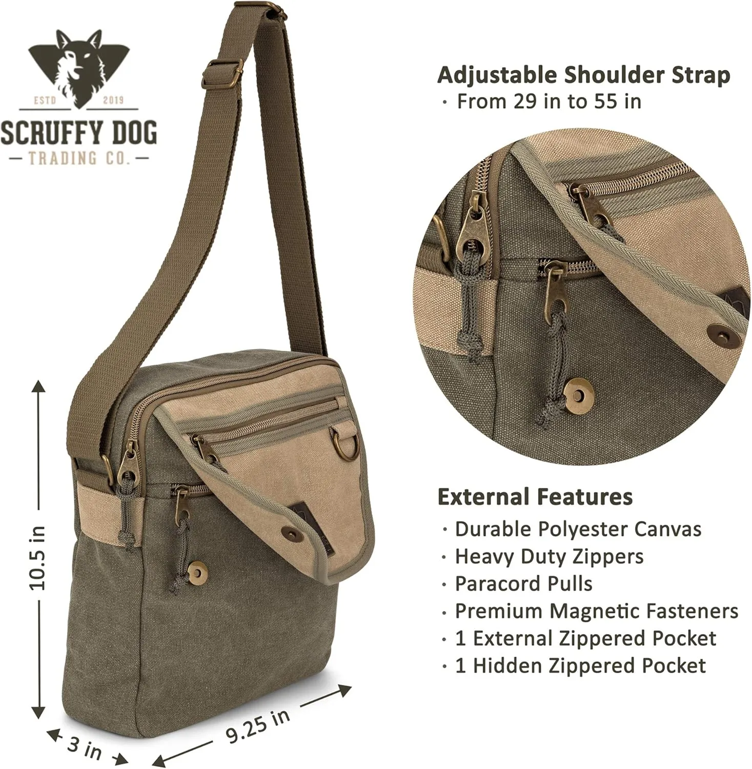 SCRUFFY DOG Crossbody Messenger Bag for Men and Women - Canvas Shoulder Bags with Adjustable Strap - Small - 11 inch