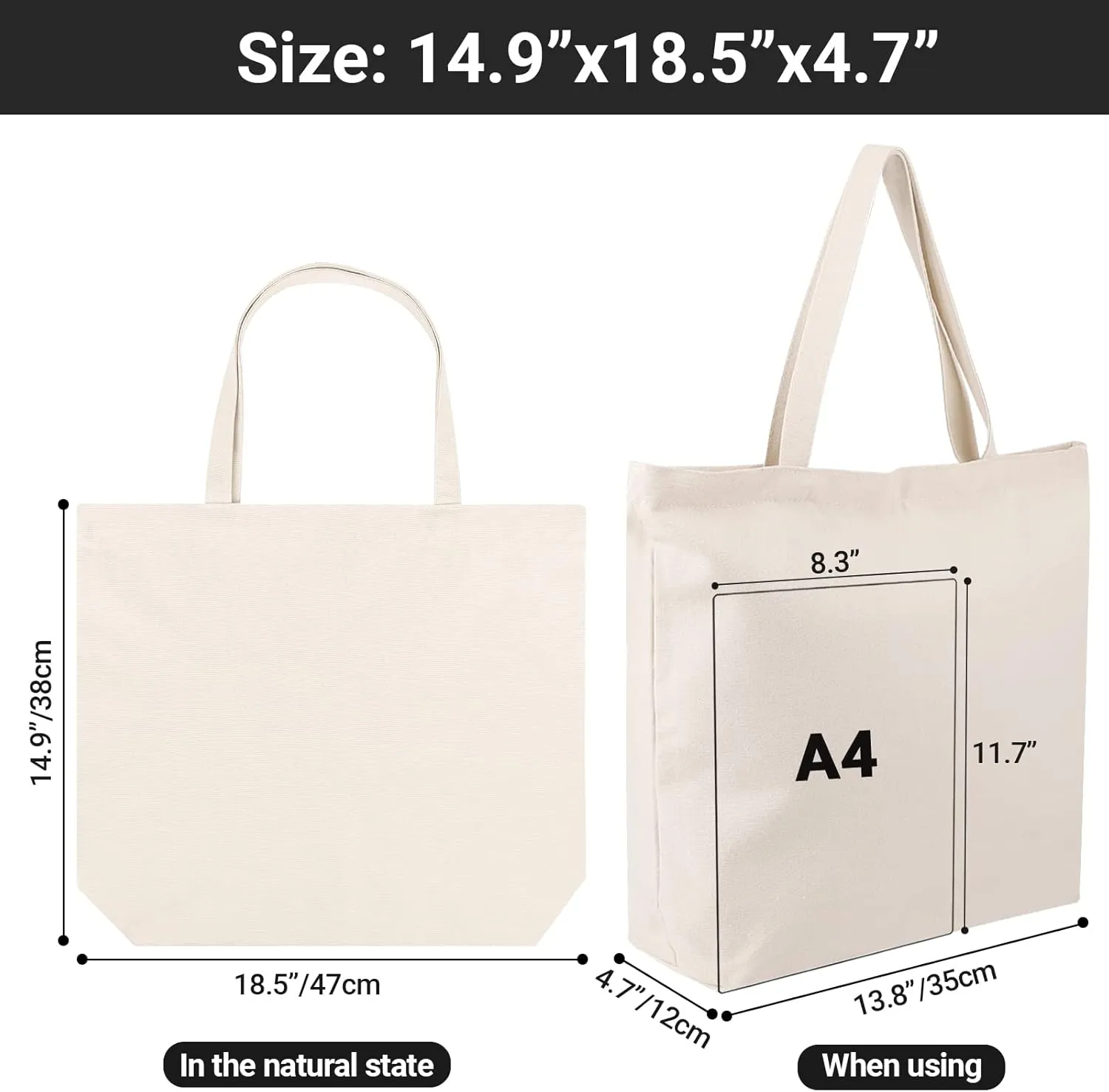 Segarty Canvas Tote Bag with Zipper, 3 Pack 18x15 Blank Canvas Bags for Women, Reusable Canvas Tote Aesthetic with Natural Cotton Cloth, Shoulder Strap, Bulk for DIY, Grocery, Beach, TravelGift