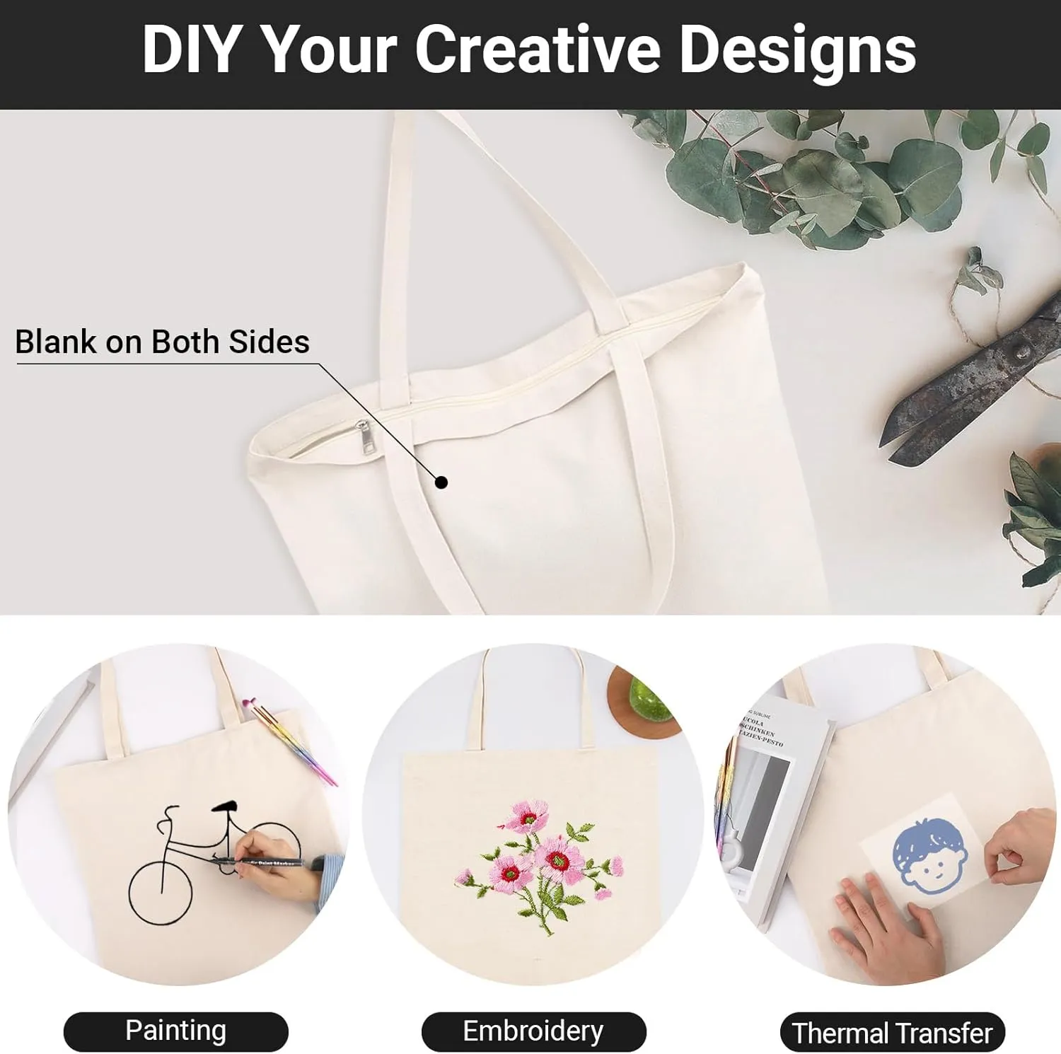 Segarty Canvas Tote Bag with Zipper, 3 Pack 18x15 Blank Canvas Bags for Women, Reusable Canvas Tote Aesthetic with Natural Cotton Cloth, Shoulder Strap, Bulk for DIY, Grocery, Beach, TravelGift