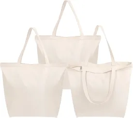 Segarty Canvas Tote Bag with Zipper, 3 Pack 18x15 Blank Canvas Bags for Women, Reusable Canvas Tote Aesthetic with Natural Cotton Cloth, Shoulder Strap, Bulk for DIY, Grocery, Beach, TravelGift