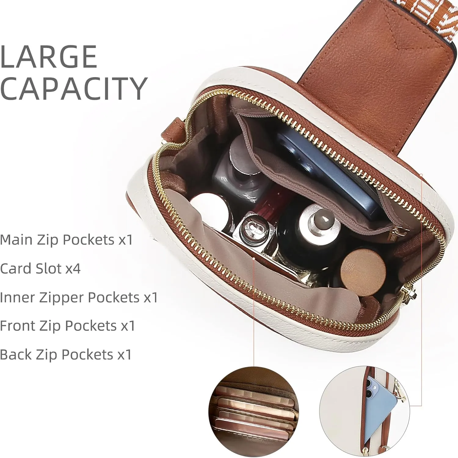 Sling Bag for Women, Anti Theft Crossboy Bags for Women, Vegan Pu Leather Small Fanny Pack Sling Backpack Travel Purses with Guitar Strap Adjustable, Beige/Brown