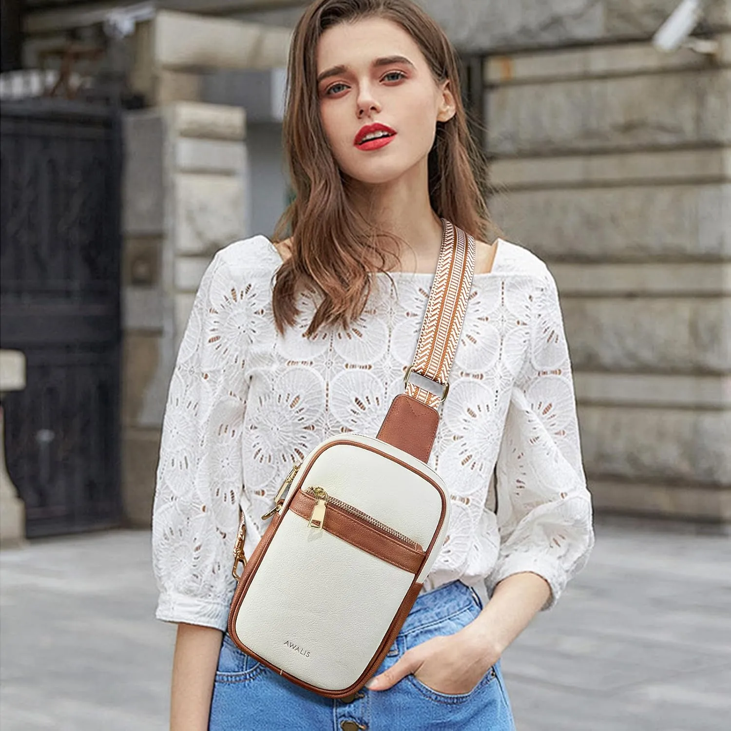 Sling Bag for Women, Anti Theft Crossboy Bags for Women, Vegan Pu Leather Small Fanny Pack Sling Backpack Travel Purses with Guitar Strap Adjustable, Beige/Brown