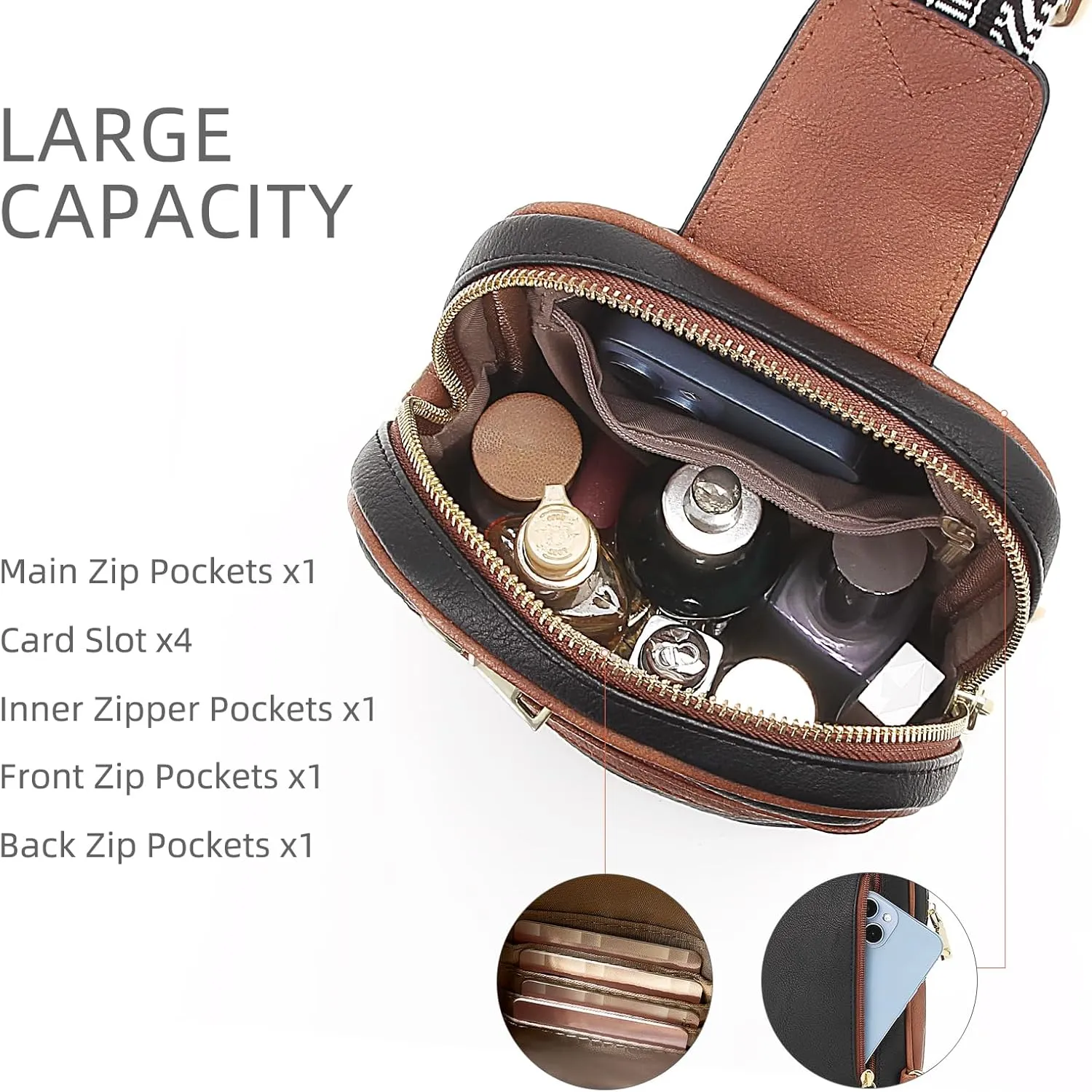 Sling Bag for Women Cross Body Purse, Small Sling Bag Vegan Leather Anti Theft Crossbody Bags for Women, Fanny Packs for Men Chest Bag with Adjustable Guitar Strap, Black