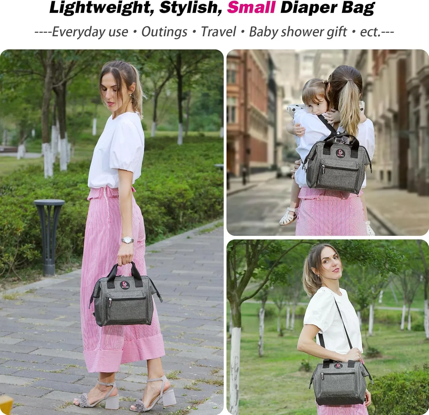 Small Diaper Bag Backpack: Mini Tote Diaper Bags for Boy and Girl, Cute Crossbody Toddler Bag for Mom and Kids on Travel,Simple Practical Small Baby Diapers Bag Grey