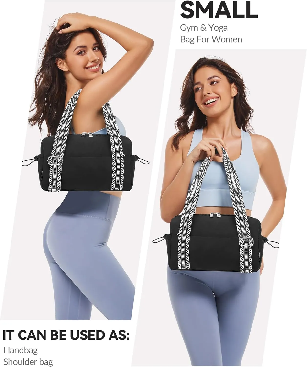 Small Gym Bag for Women Mini Duffle Bag with Guitar Strap, Lightweight Waterproof Cute Tote with Wet Compartment for Girls Workout Sport Travel, Black