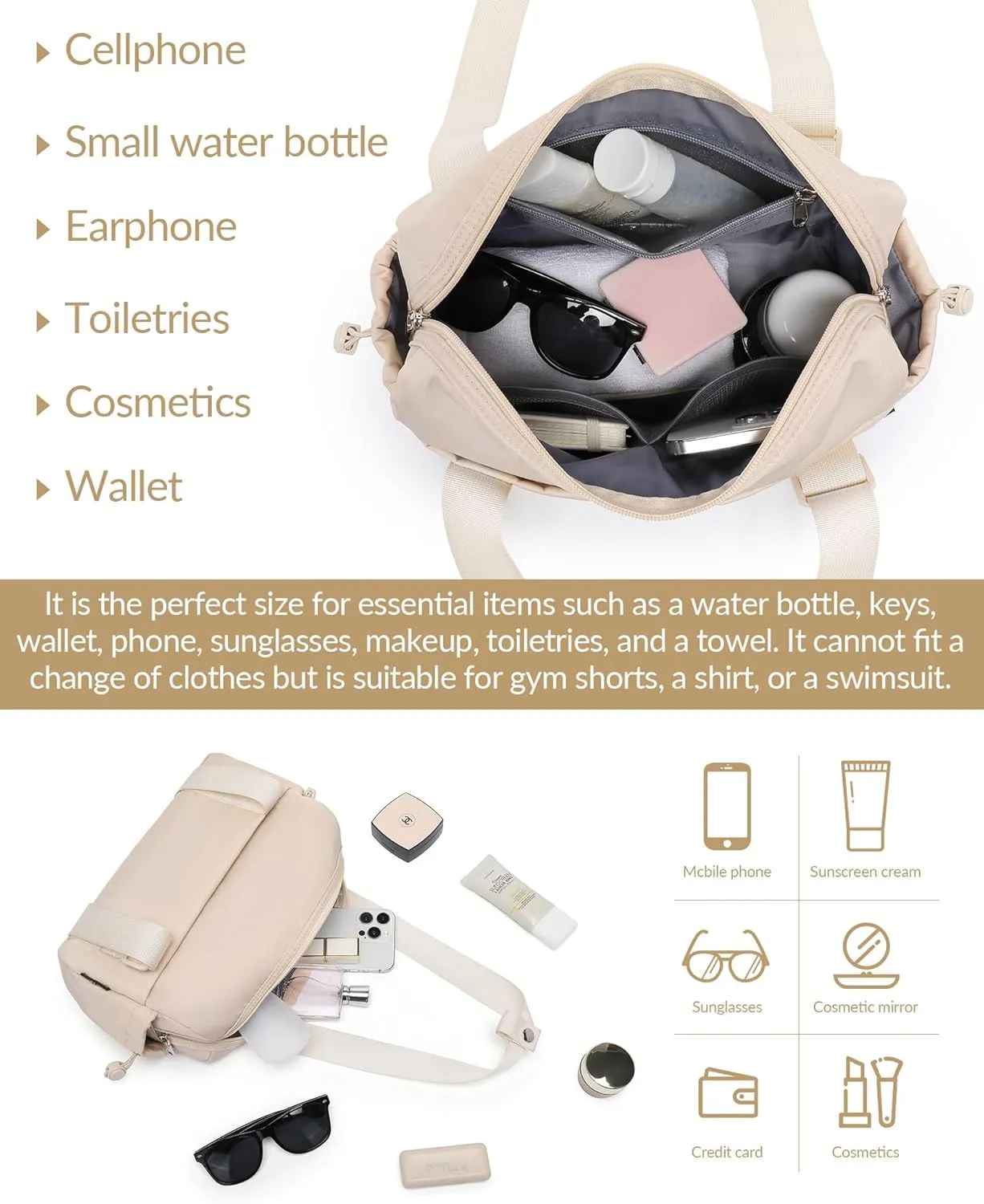 Small Gym Bag for Women Mini Duffle Bag with Wet Compartment, Lightweight Waterproof Cute Tote for Girls Workout Sport Travel,Beige