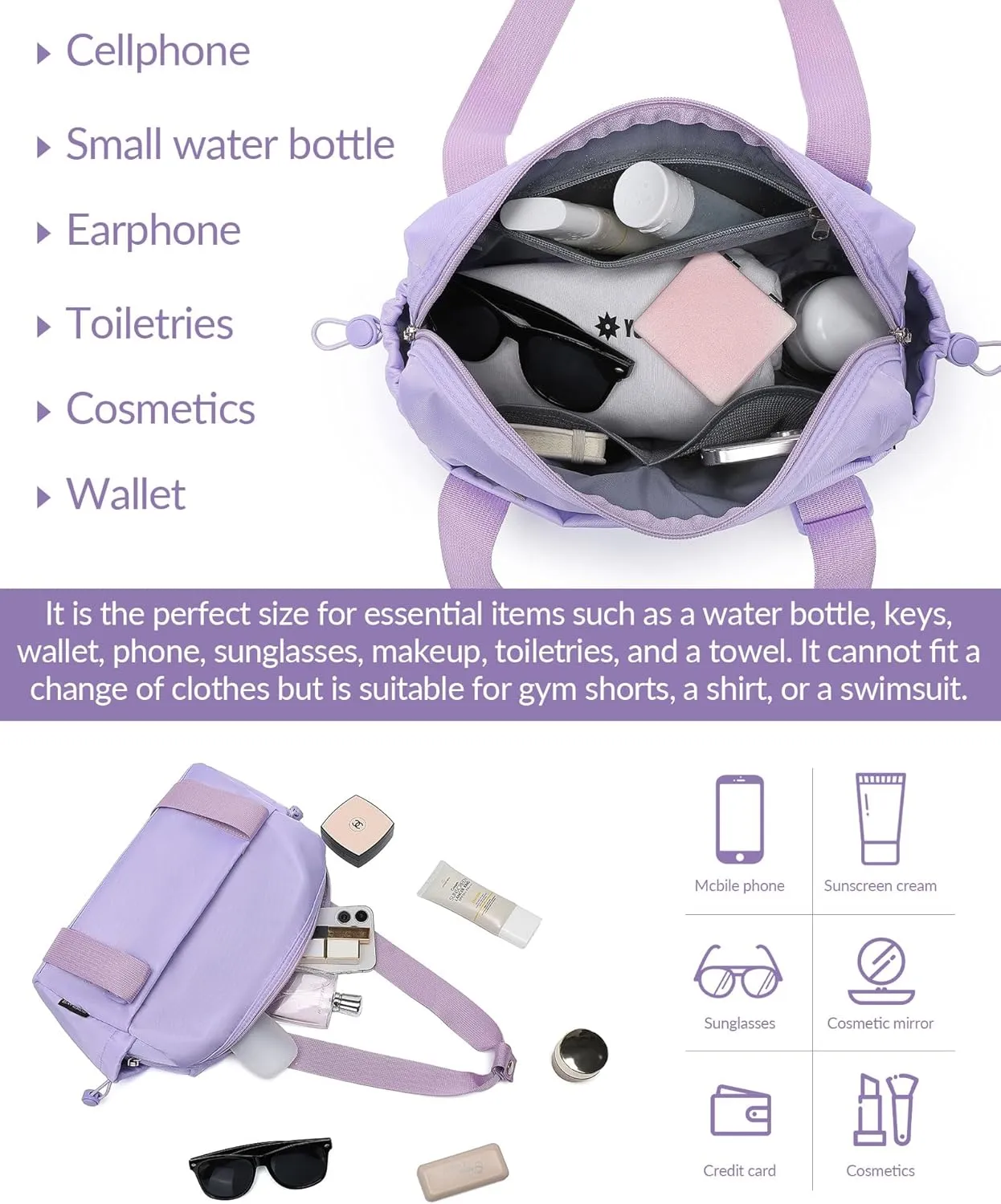 Small Gym Bag for Women Mini Duffle Bag with Wet Compartment, Lightweight Waterproof Cute Tote for Girls Workout Sport Travel,Purple