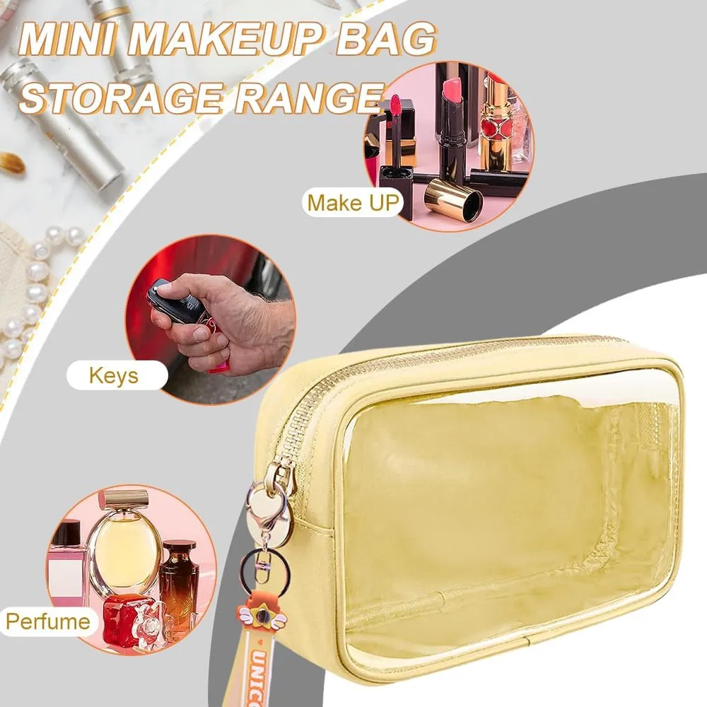 Small Yellow Makeup Bag, Waterproof Travel Cosmetic Organizer with Zipper, Clear PVC & Nylon, Compact & Practical, Versatile Usage