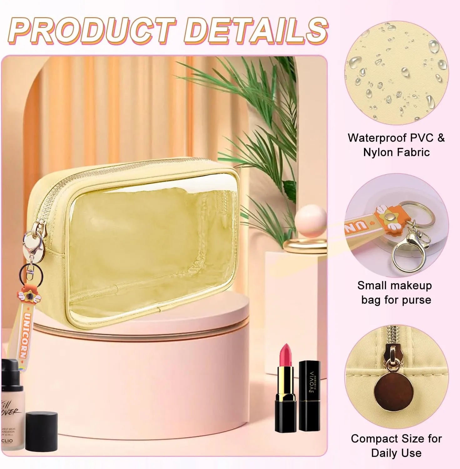 Small Yellow Makeup Bag, Waterproof Travel Cosmetic Organizer with Zipper, Clear PVC & Nylon, Compact & Practical, Versatile Usage