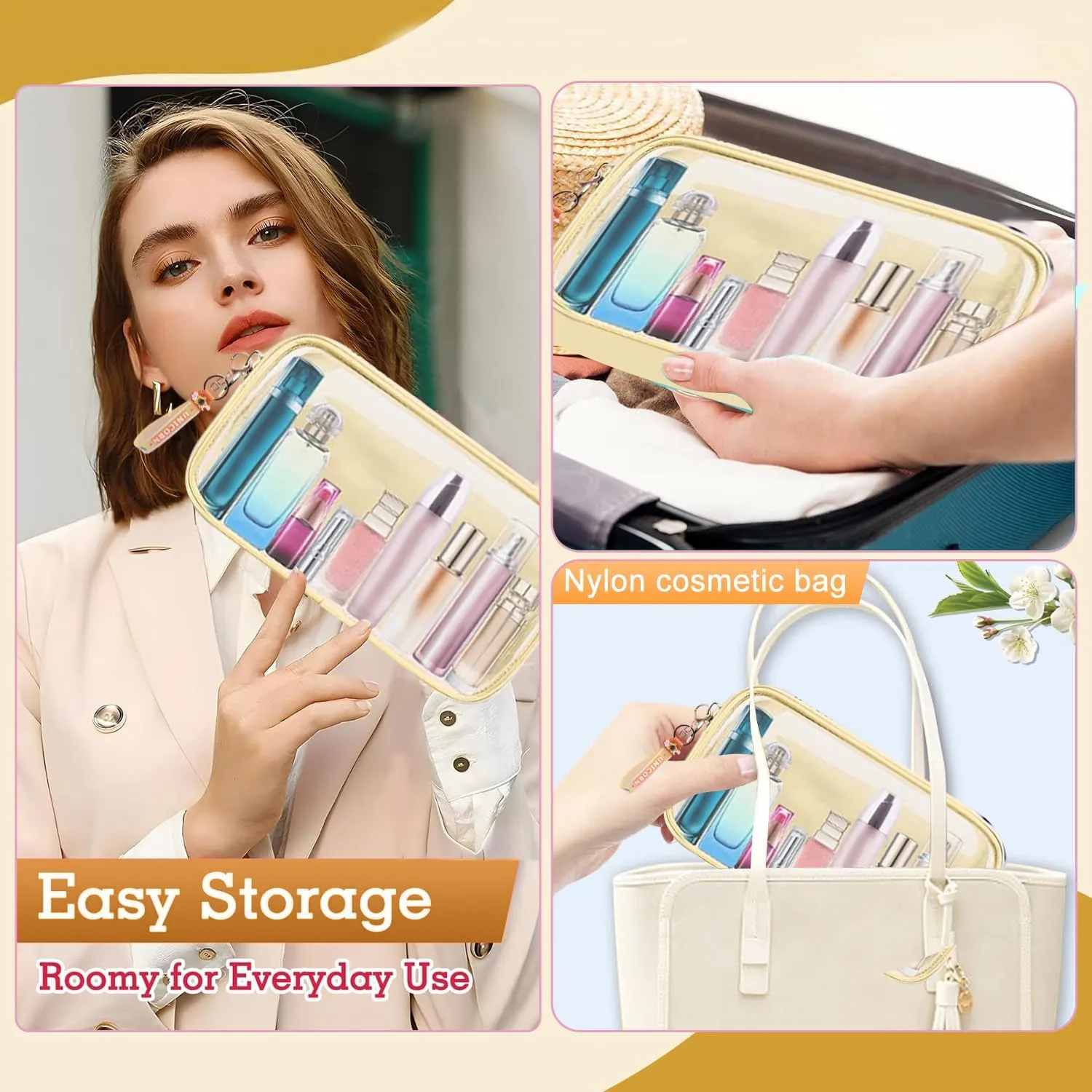 Small Yellow Makeup Bag, Waterproof Travel Cosmetic Organizer with Zipper, Clear PVC & Nylon, Compact & Practical, Versatile Usage
