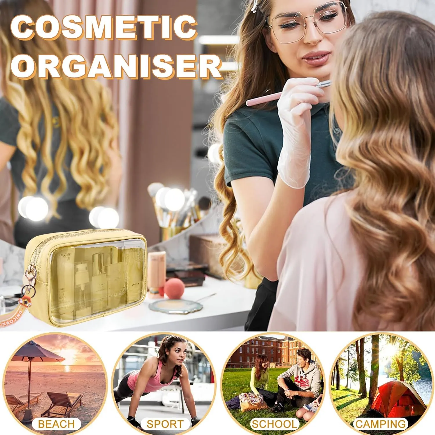 Small Yellow Makeup Bag, Waterproof Travel Cosmetic Organizer with Zipper, Clear PVC & Nylon, Compact & Practical, Versatile Usage