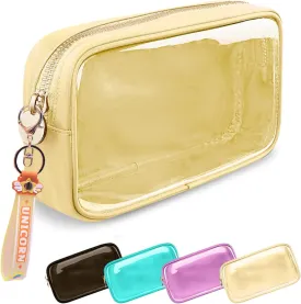 Small Yellow Makeup Bag, Waterproof Travel Cosmetic Organizer with Zipper, Clear PVC & Nylon, Compact & Practical, Versatile Usage