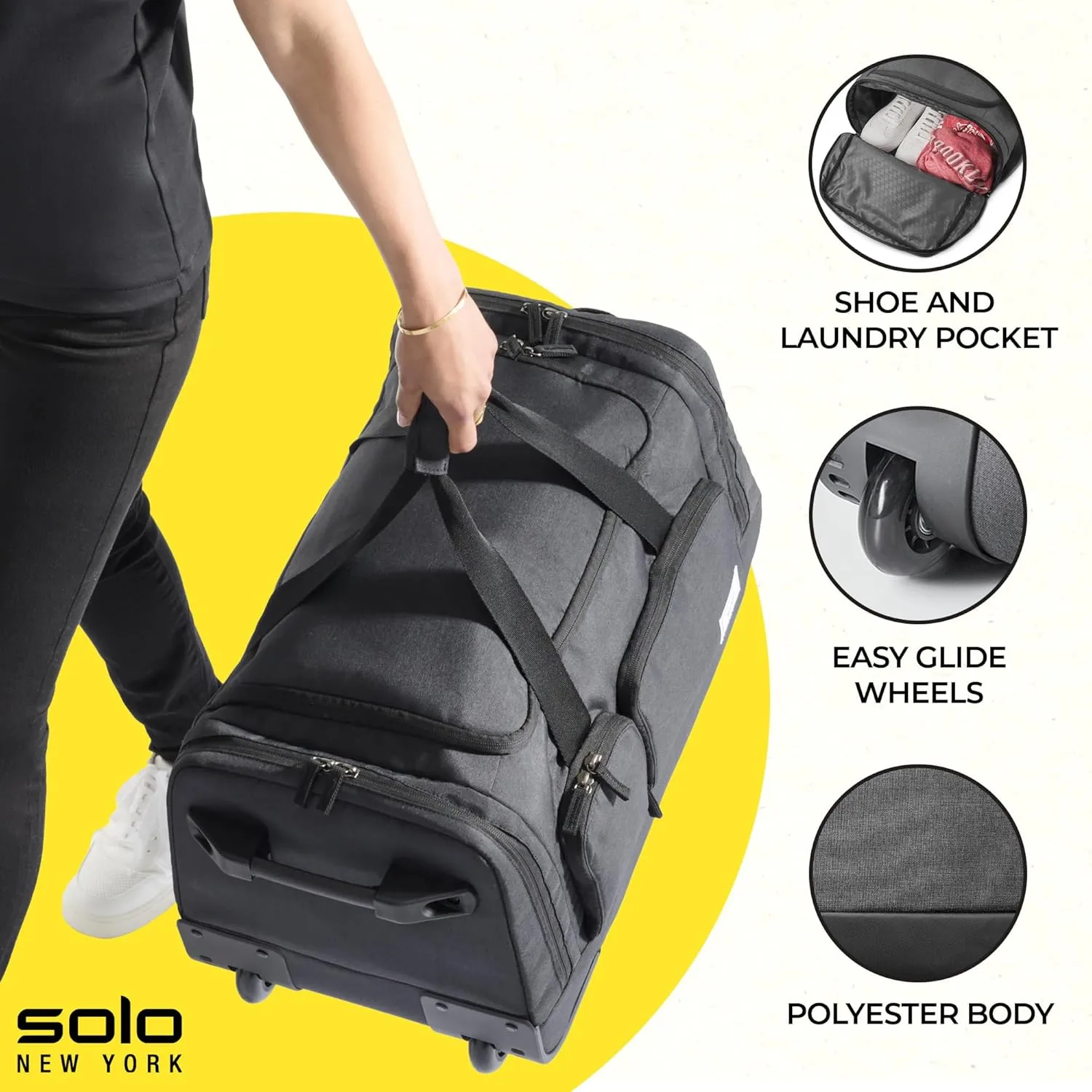Solo New York Rolling Duffle Bag with Wheels - Wheeled Carry On Luggage for Travel, Roller Duffel for Men & Women, Telescoping Handle System, Separate Shoe & Laundry Compartment - Leroy, Gray