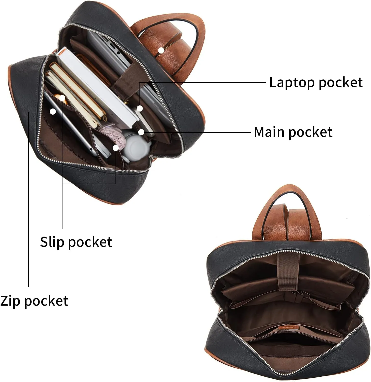 Telena Leather Laptop Backpack for Women Business Casual College Bags Black-Brown
