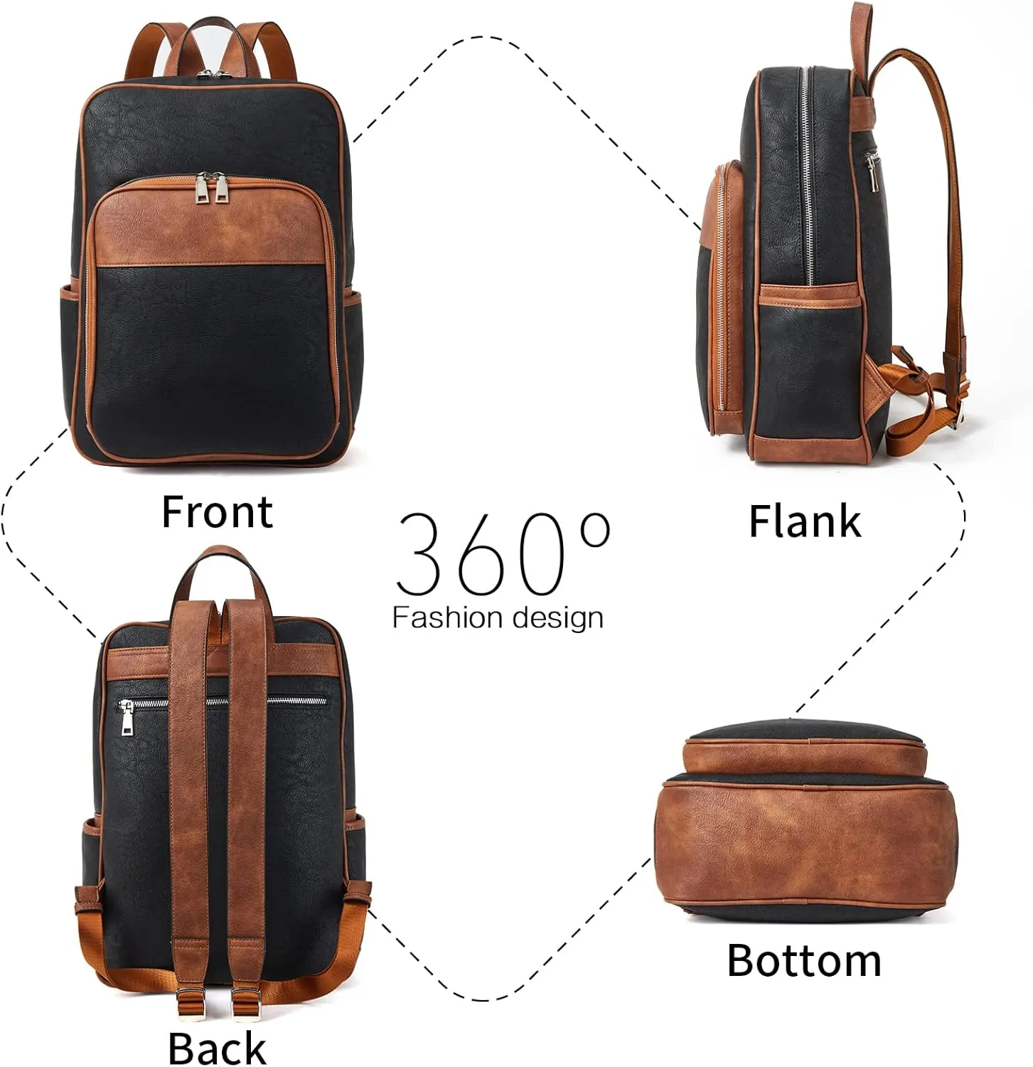 Telena Leather Laptop Backpack for Women Business Casual College Bags Black-Brown