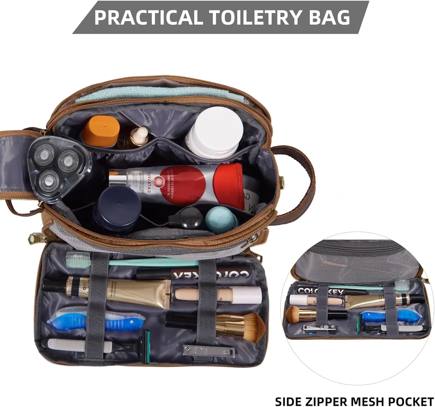Toiletry Bag for Men,Canvas Travel Toiletry Organizer Dopp Kit Large Capacity Water Resistant Shaving Bag for Toiletries Accessories (Brown, Medium)