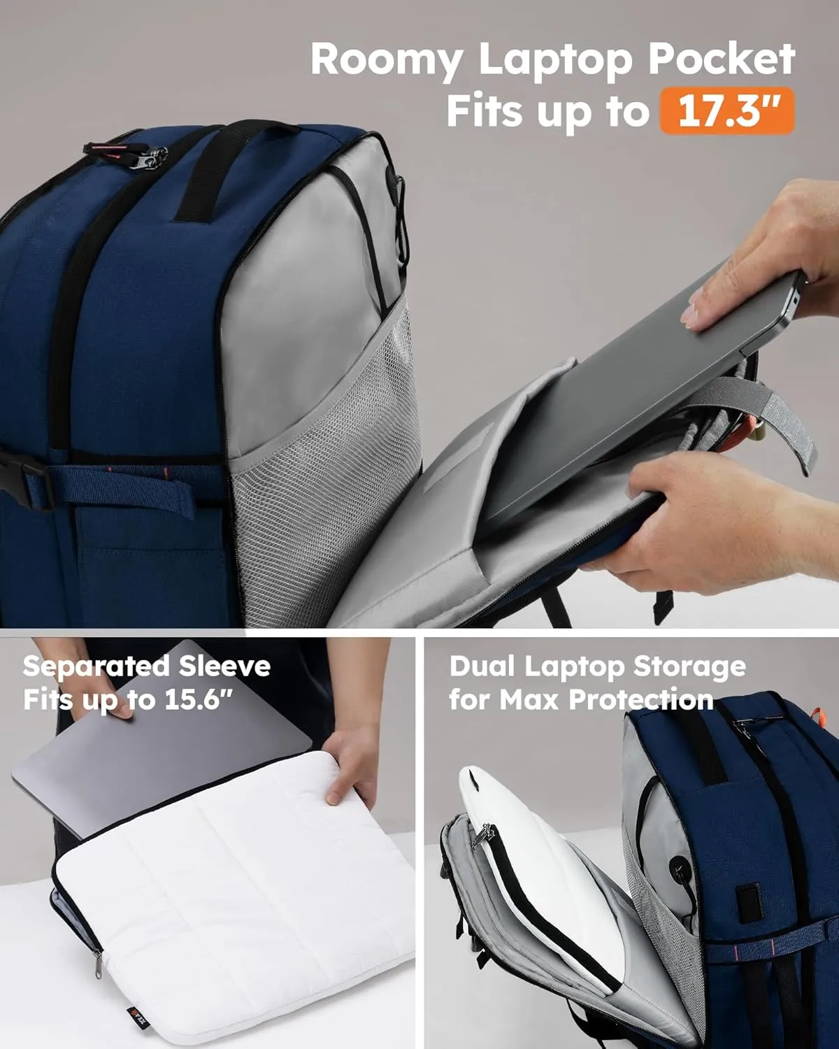Tolaccea Travel Laptop Backpack, TSA Flight Approved Carry On Travel Duffel Backpack, Dual Laptop Storage for 17.3" and 15.6" Laptop, Large Luggage Backpack 45-50L Expandable for Men Women (Navy)