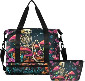 Travel Duffel Tote Bag Skeleton Sitting on Mushrooms with Butterflies Sports Duffel Bag with Wet Pocket Weekender Overnight Bag for Women Men Gym Bag, Carry On Bag Hospital Bag for Labor and Delivery