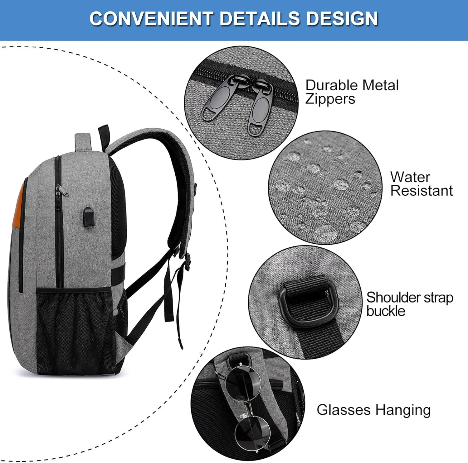 Travel Laptop Backpack, Business Work Bag Water Resistant 17 in Laptop Backpack Bag for Men Women with USB Charging Port Anti Theft Computer Bag, Grey
