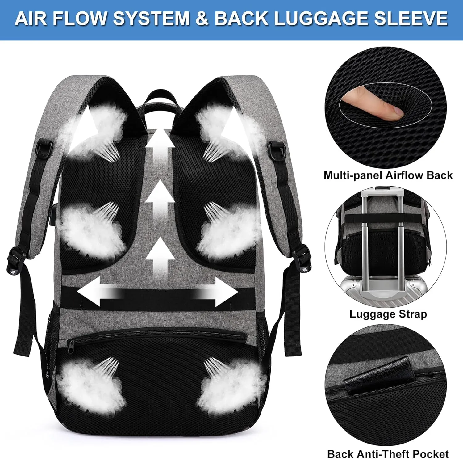 Travel Laptop Backpack, Business Work Bag Water Resistant 17 in Laptop Backpack Bag for Men Women with USB Charging Port Anti Theft Computer Bag, Grey