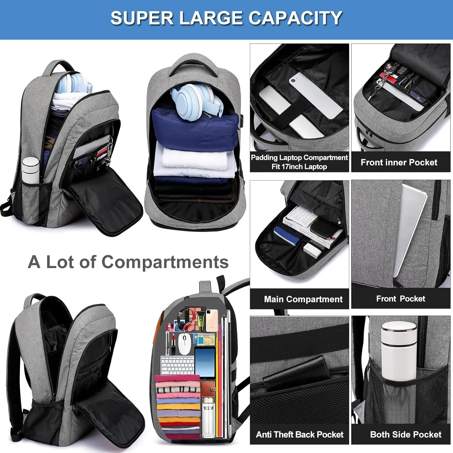 Travel Laptop Backpack, Business Work Bag Water Resistant 17 in Laptop Backpack Bag for Men Women with USB Charging Port Anti Theft Computer Bag, Grey