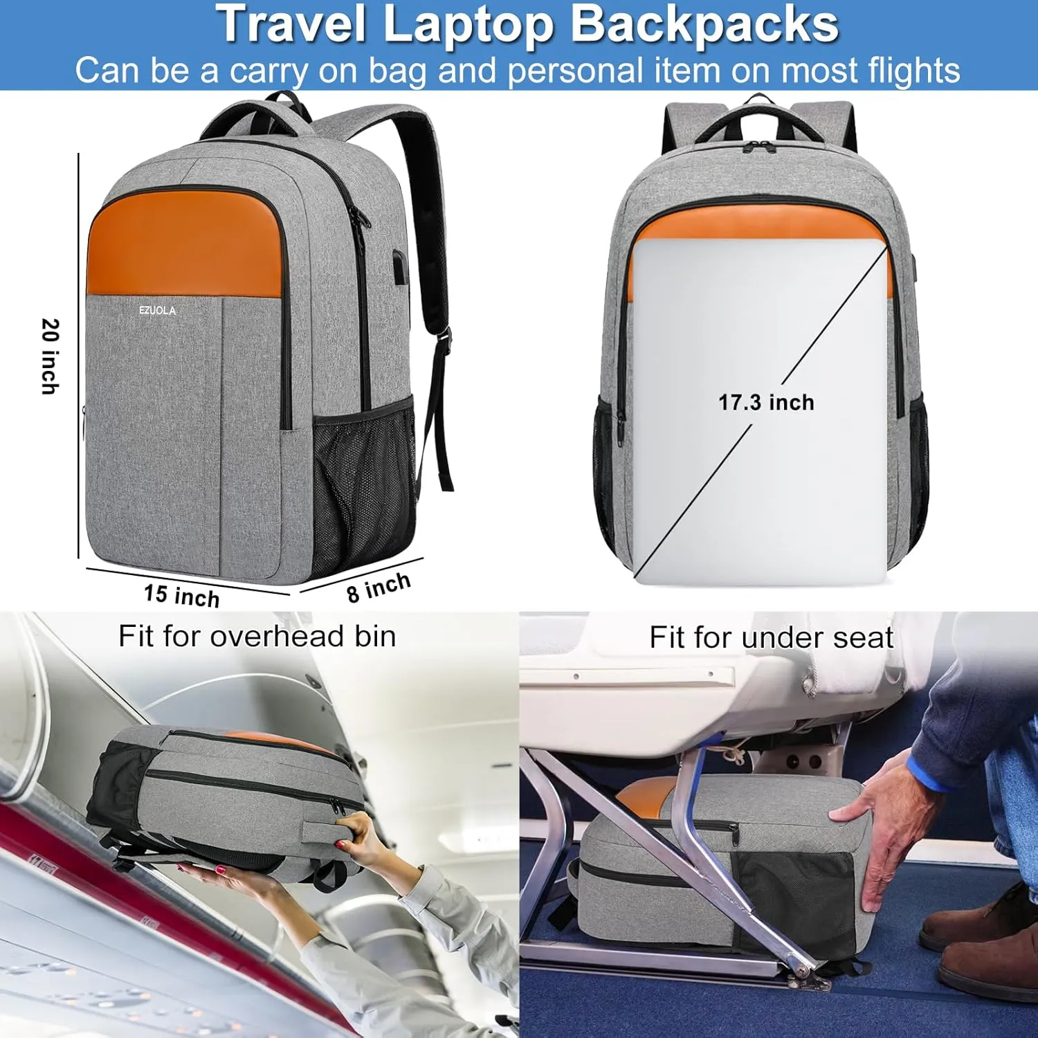 Travel Laptop Backpack, Business Work Bag Water Resistant 17 in Laptop Backpack Bag for Men Women with USB Charging Port Anti Theft Computer Bag, Grey