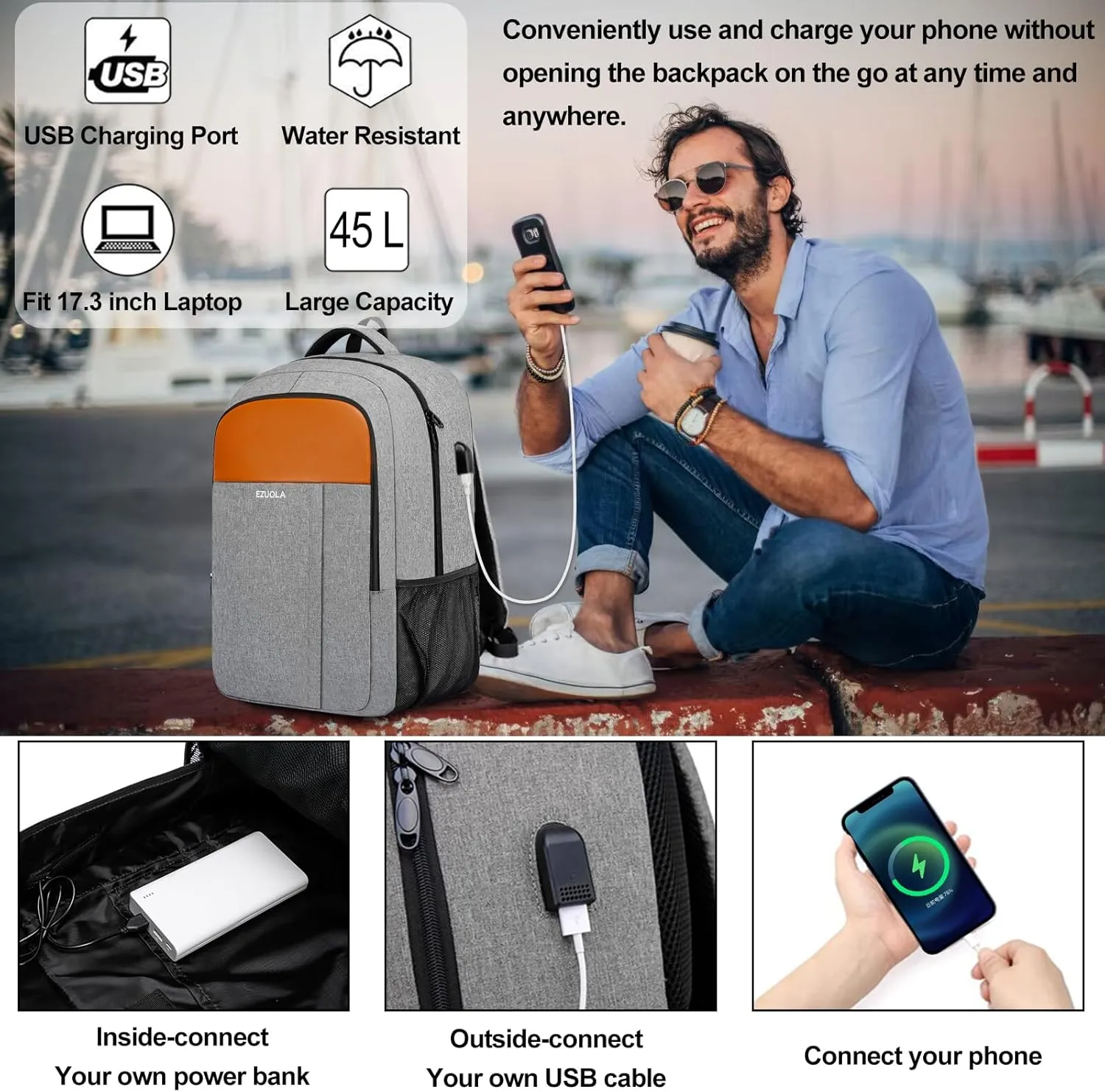 Travel Laptop Backpack, Business Work Bag Water Resistant 17 in Laptop Backpack Bag for Men Women with USB Charging Port Anti Theft Computer Bag, Grey
