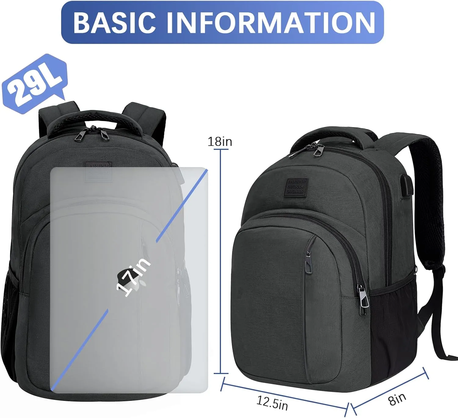Travel Laptop Backpack,15.6 Inch Business Laptop backpack for Men Women with USB Charging Port,Water-Resistant Laptopack Weekender Daypack for Work College Computer