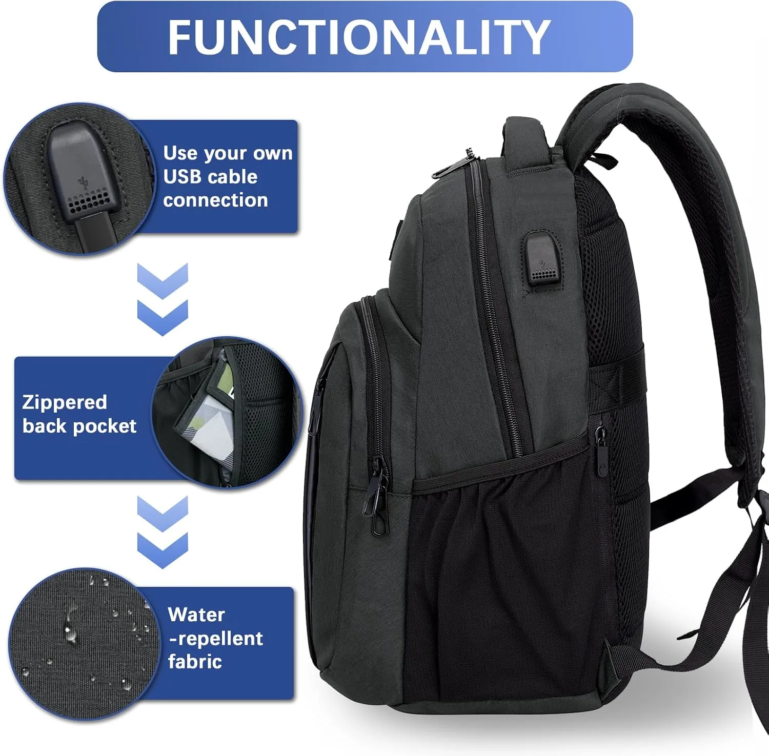 Travel Laptop Backpack,15.6 Inch Business Laptop backpack for Men Women with USB Charging Port,Water-Resistant Laptopack Weekender Daypack for Work College Computer