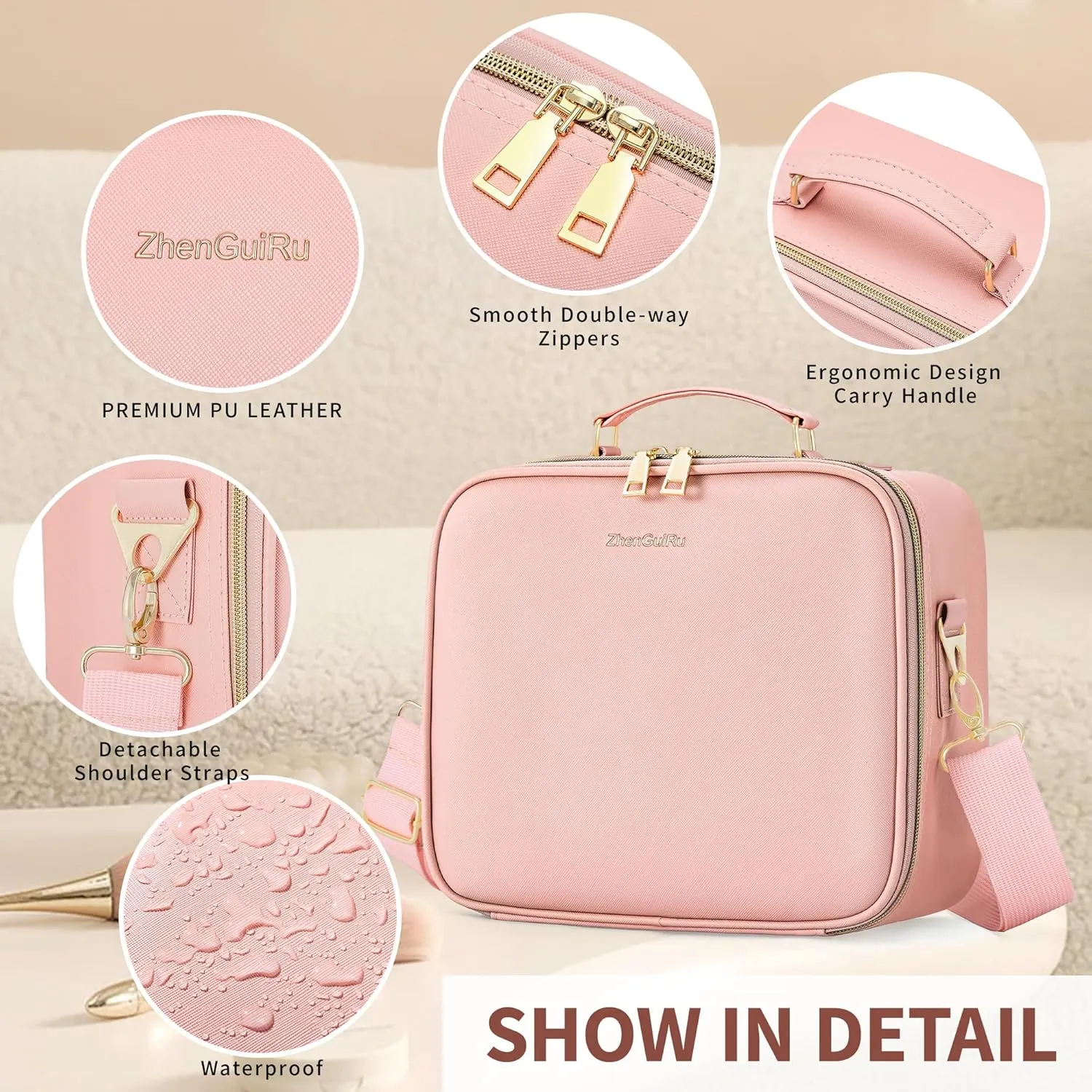 Travel Makeup Bag Cosmetic Organizer Bag with Lighted Mirror, Waterproof Makeup Bag with Light Up Mirror, Travel Makeup Case for Cosmetic Brush Holder Storage, Large Toiletry Bag Women Gift