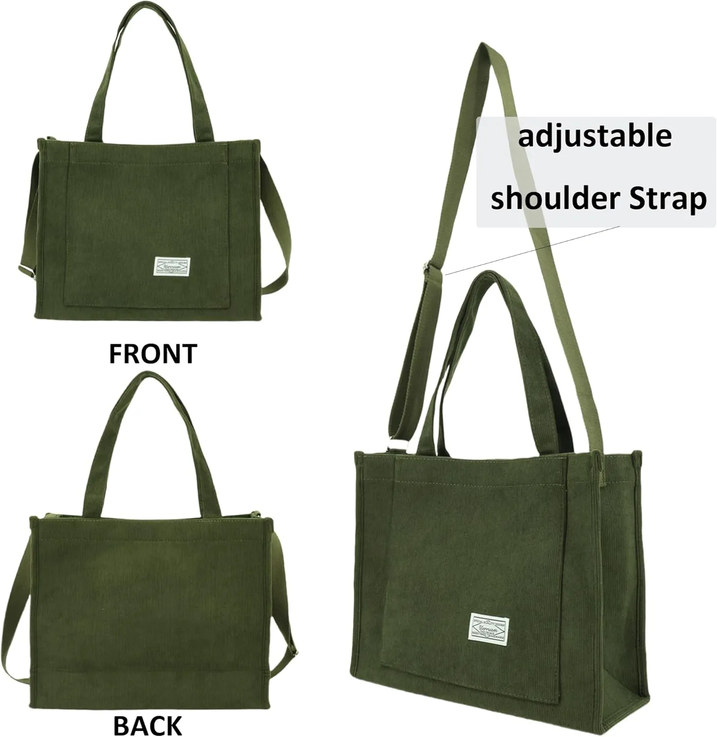 UERRUAM Corduroy Tote Bag for Women Work Crossbody Purse for Everyday,College,Travel,Lightweight Handbag Adjustable Strap