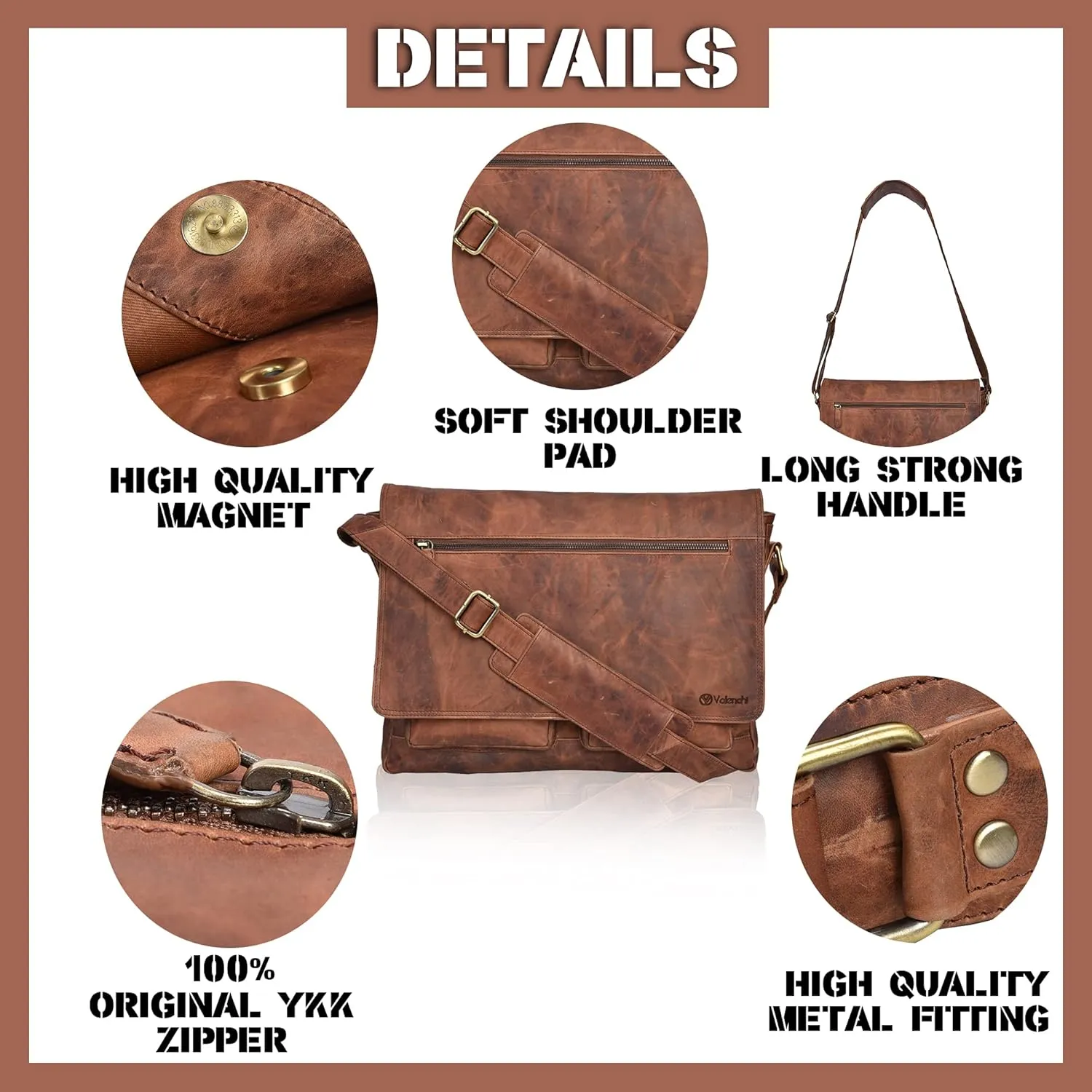 VALENCHI Leather Messenger Bag For Men - Laptop Messenger Briefcase & Shoulder Bag-Office, Work, Travel