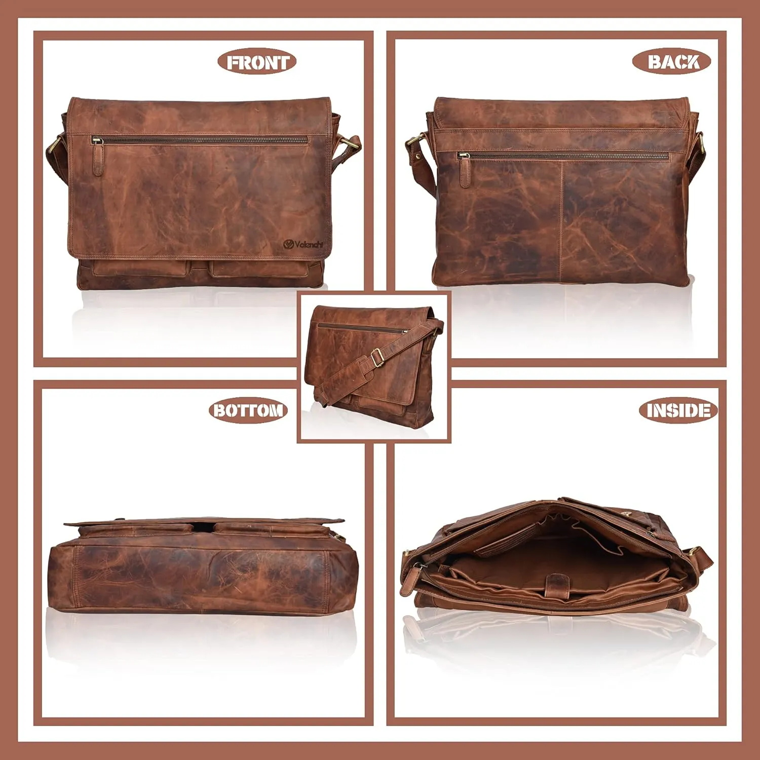 VALENCHI Leather Messenger Bag For Men - Laptop Messenger Briefcase & Shoulder Bag-Office, Work, Travel