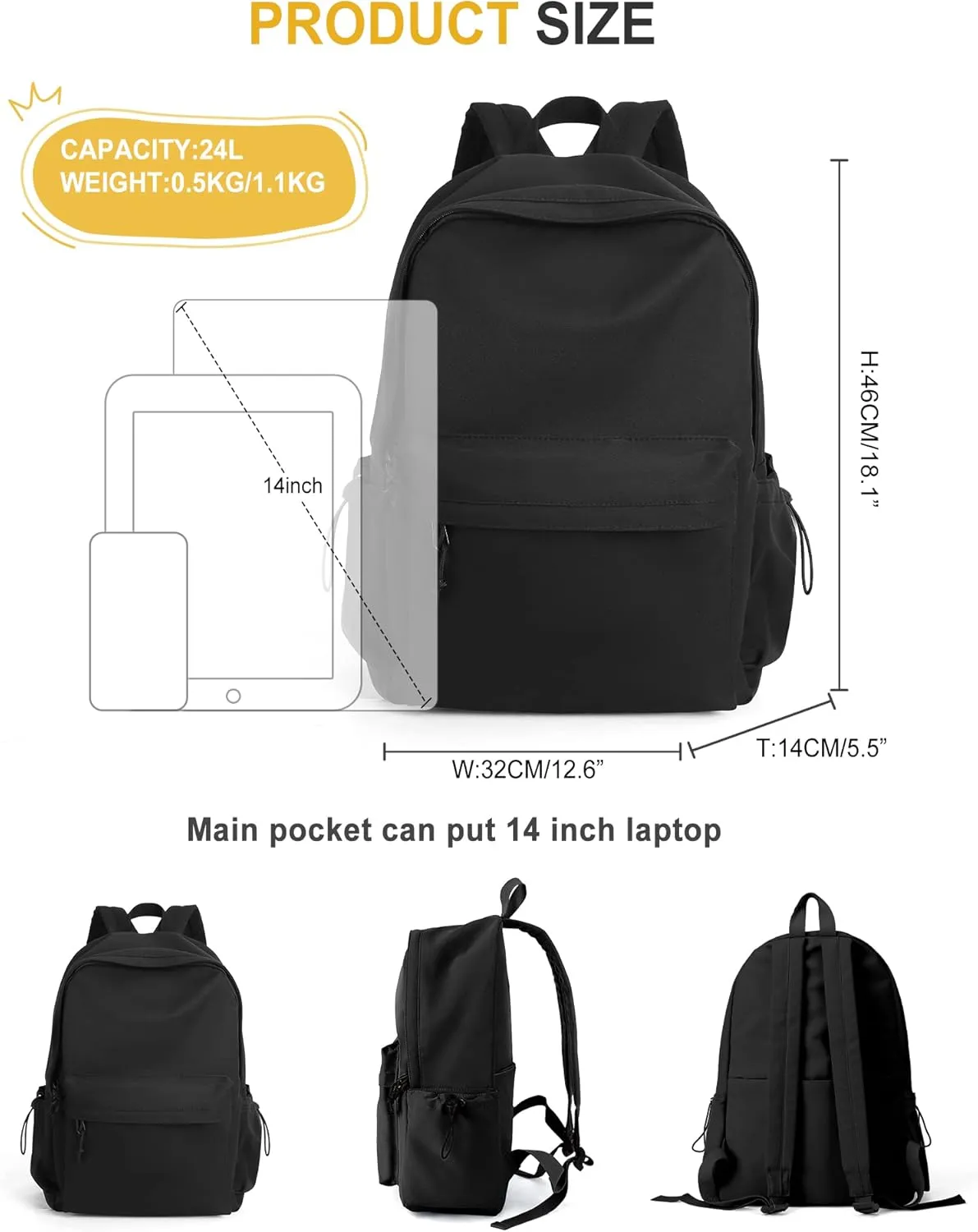 VECAVE School Backpack Black Waterproof Bookbag Casual Lightweight Travel Rucksack Daypack Backpacks for Men Women College High School Bags backpack for Boys Girls Teens