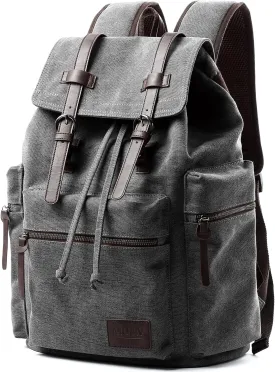 Vintage Canvas Backpack for Men, Grey Retro Backpack Fit 15.6 inch Laptop, Flap Grunge Backpacks for College, Durable Casual Daypack Rucksack for Camping Hiking Traveling